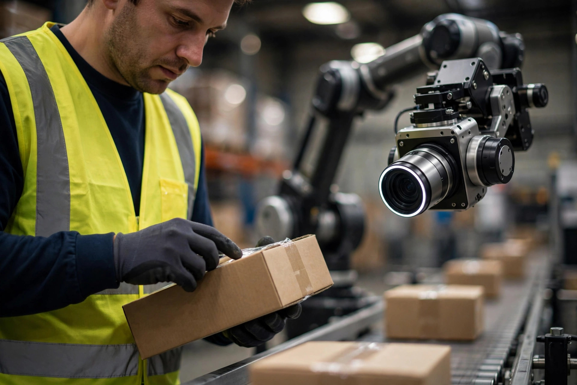 Warehouse worker manually rechecking packages alongside an AI vision inspection camera on the same line