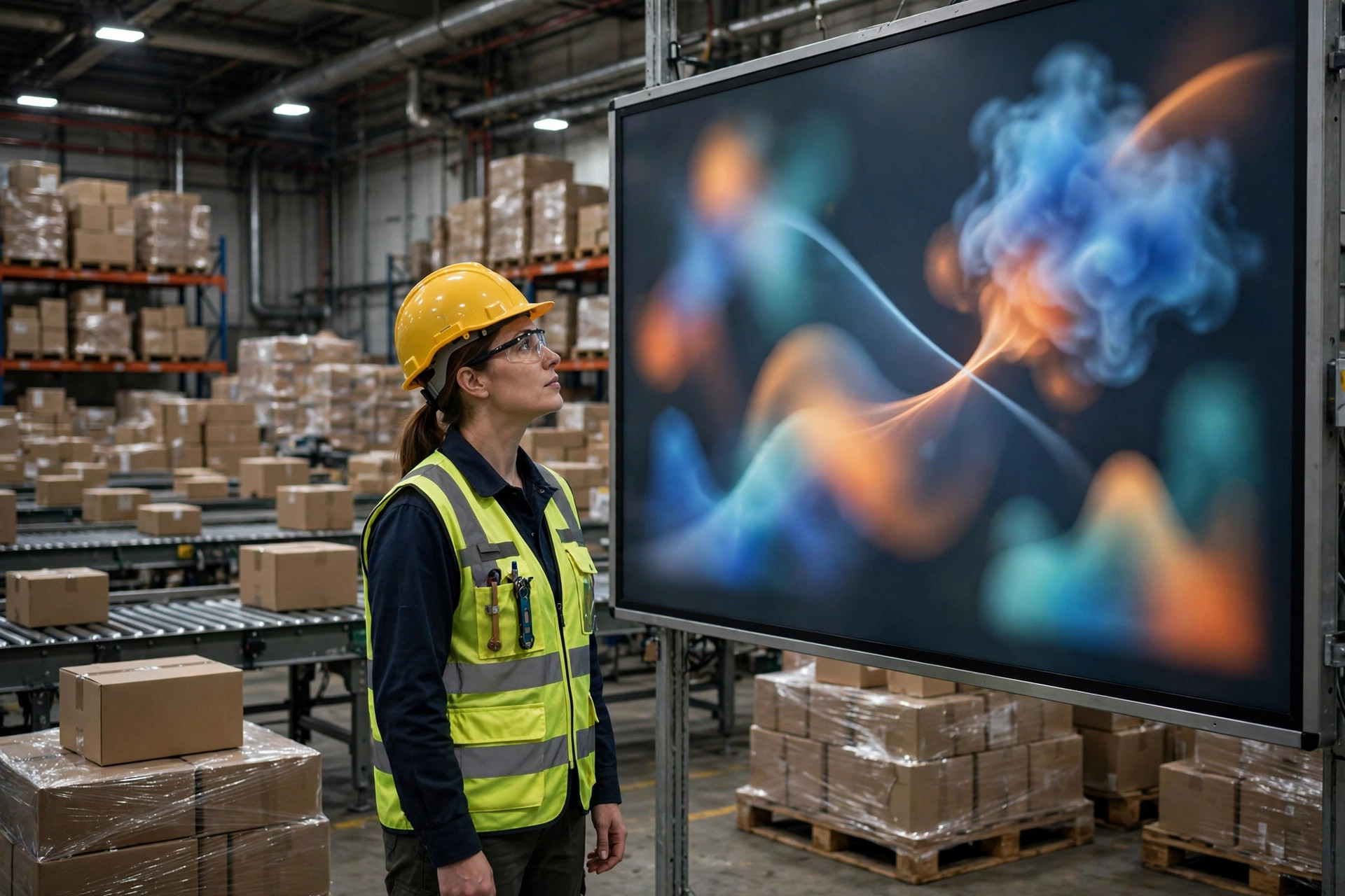 Engineer reviewing AI vision inspection analytics on a warehouse dashboard screen