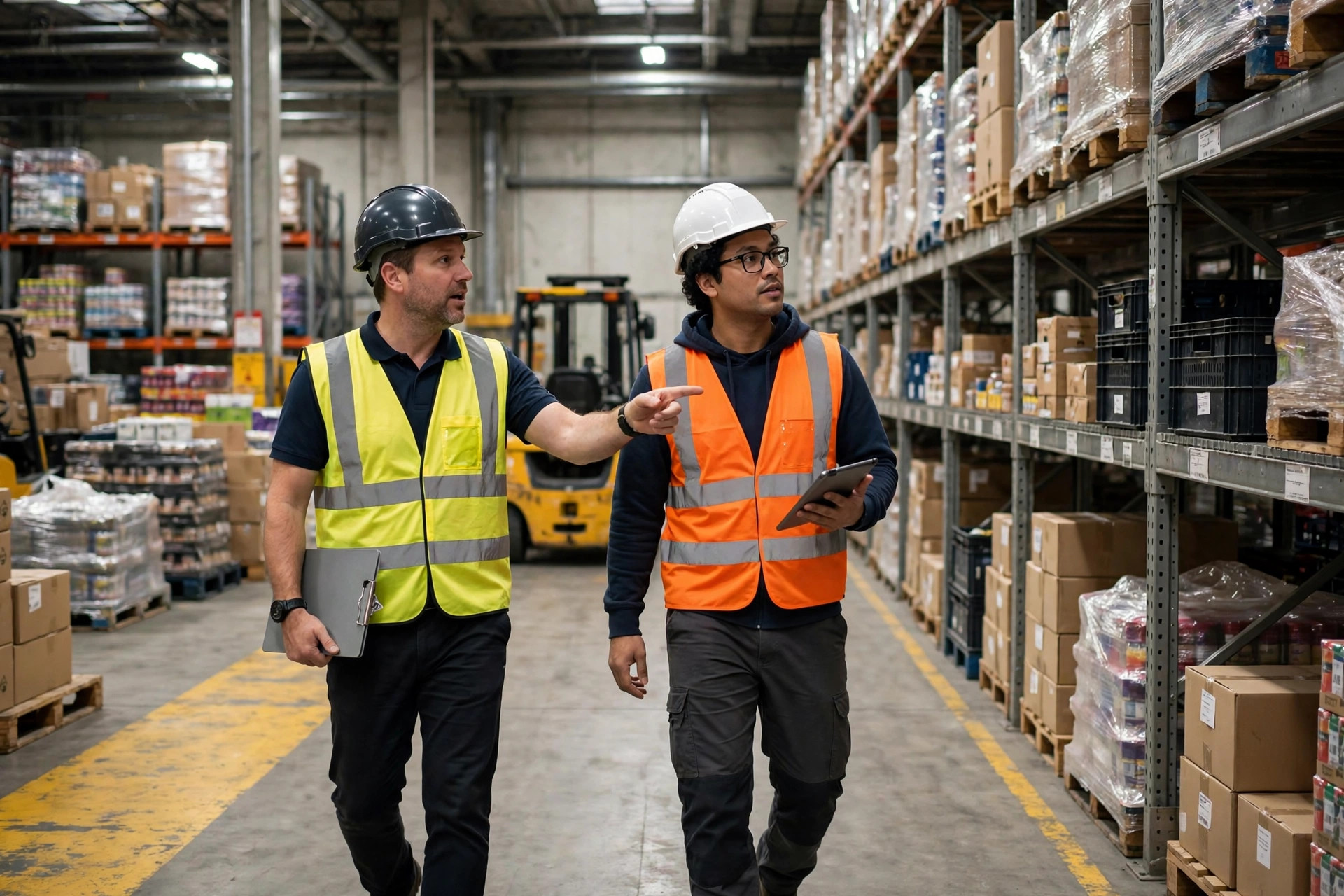 Warehouse manager discussing with an engineer in a warehouse aisle