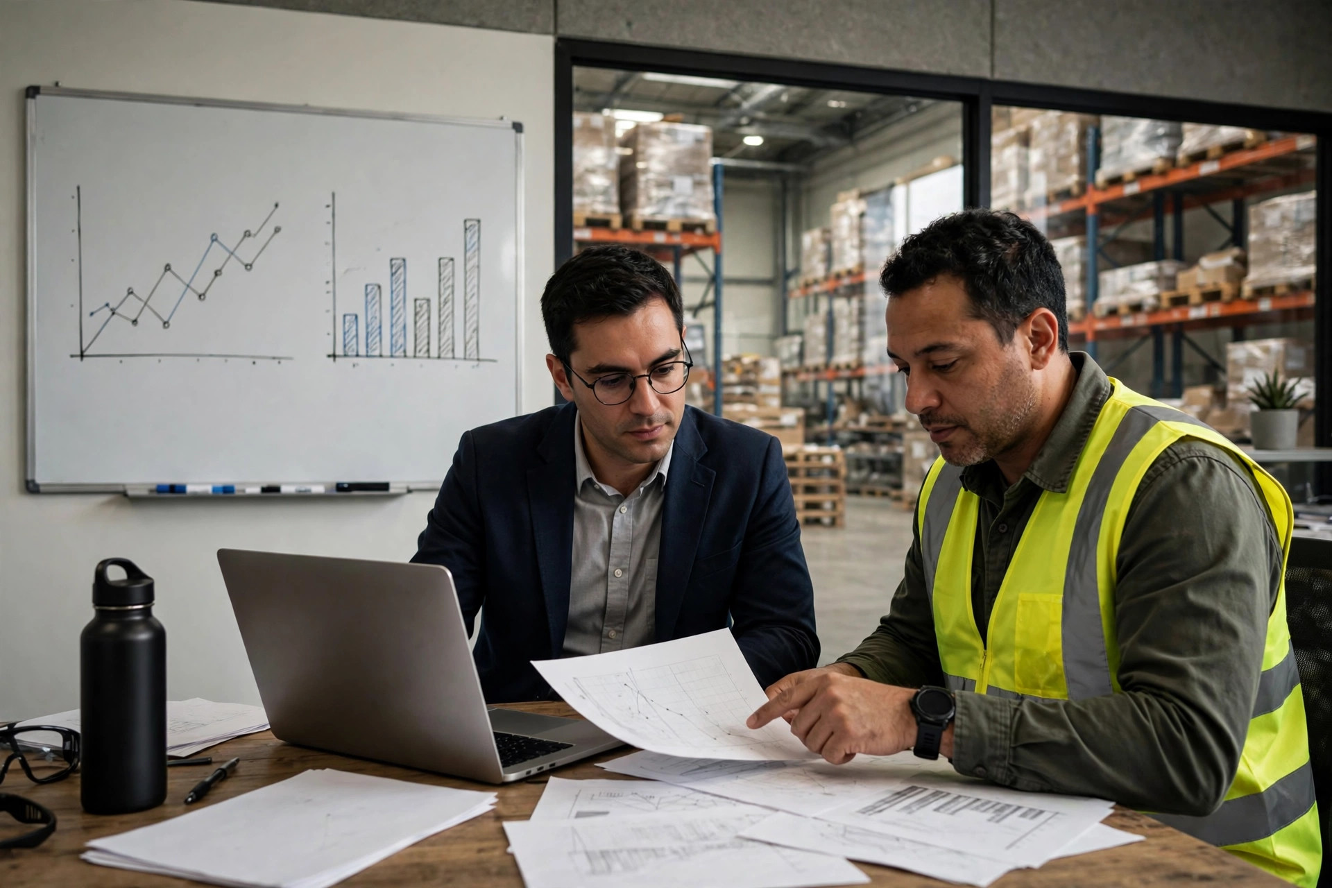 Equipo de operaciones del almacén revisando el panel de IA con ingenieros