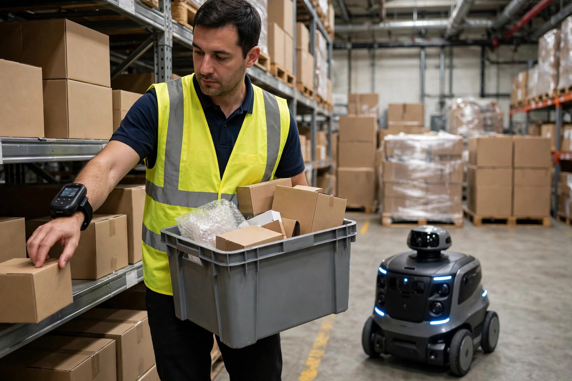 Supervisor talking with frontline workers at a warehouse shift meeting as an AMR passes in the aisle