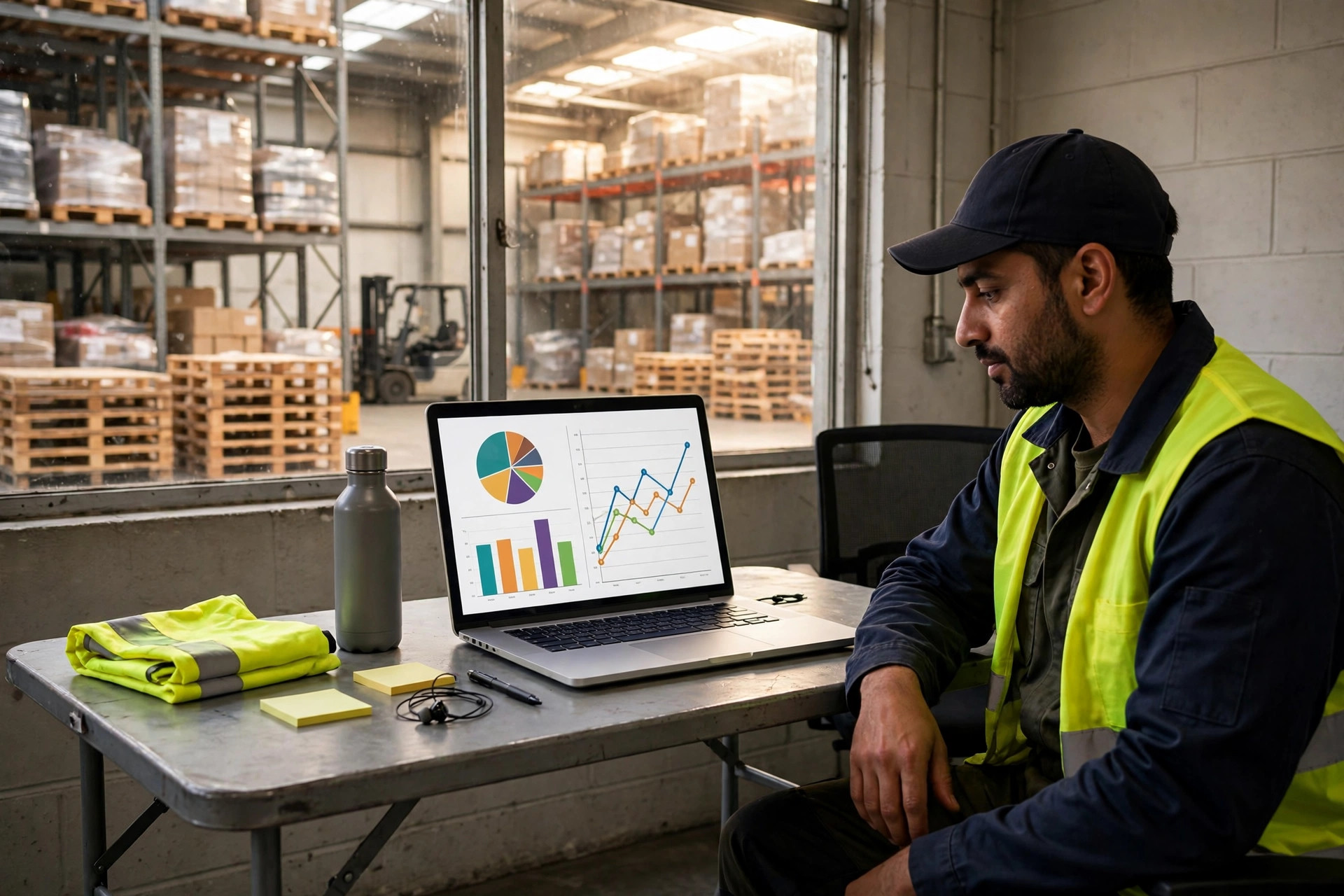 Ingeniero ajustando una cámara de visión artificial sobre una línea de transporte