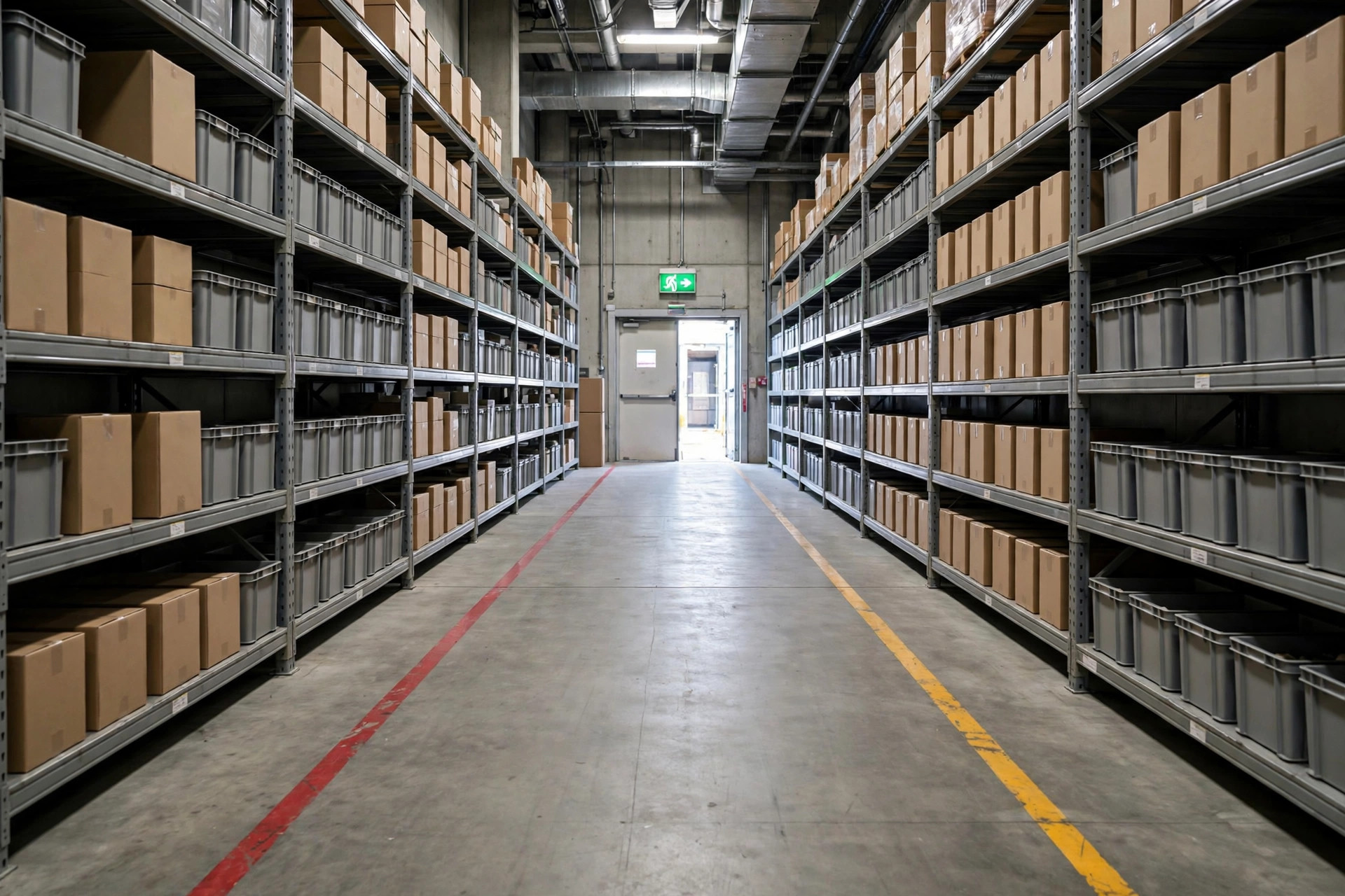 Clear emergency exit route with red and yellow floor markings, no obstructions