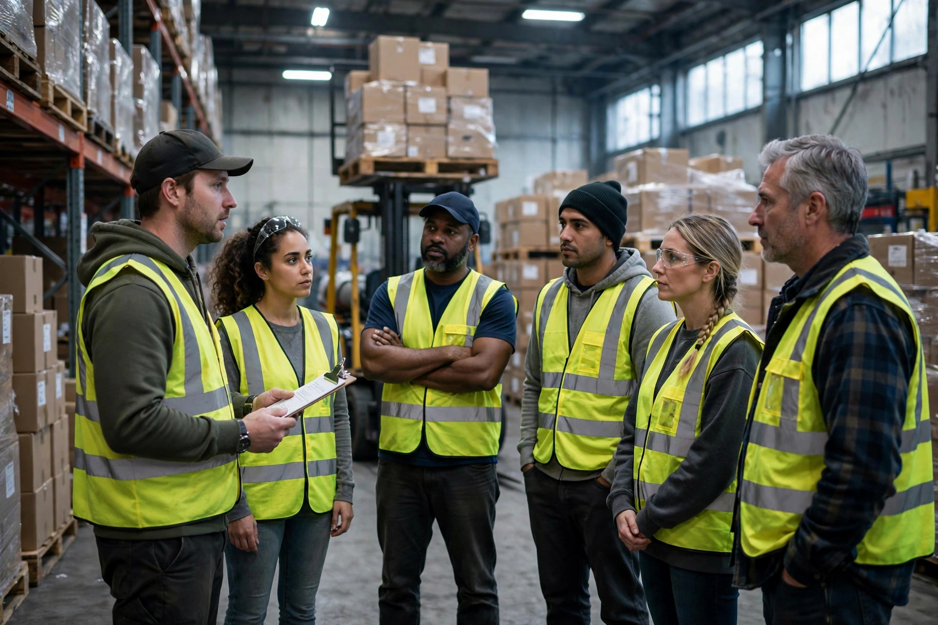 Morning roll call at a warehouse