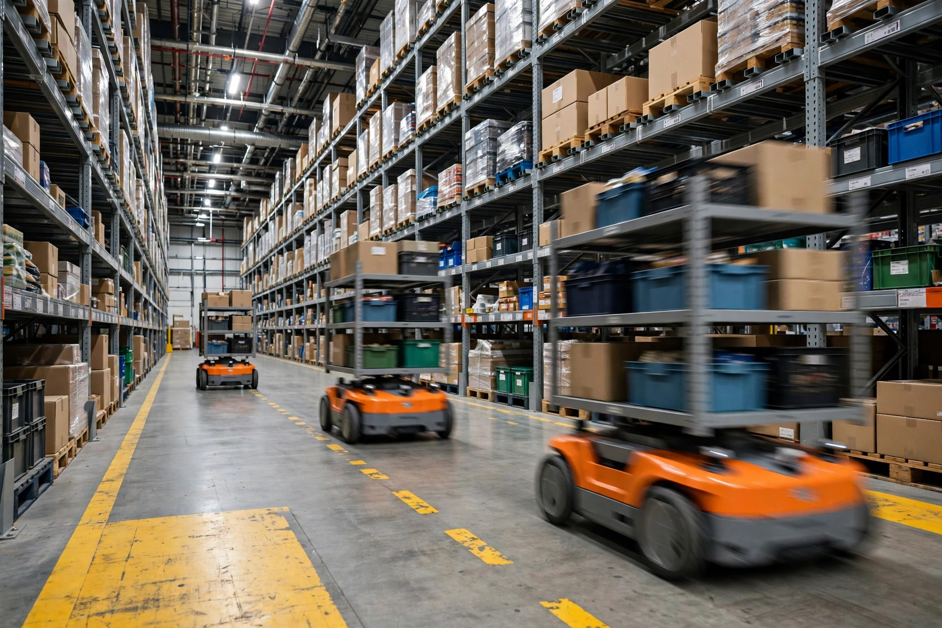 AMR fleet operating in a warehouse aisle during an automation retrofit