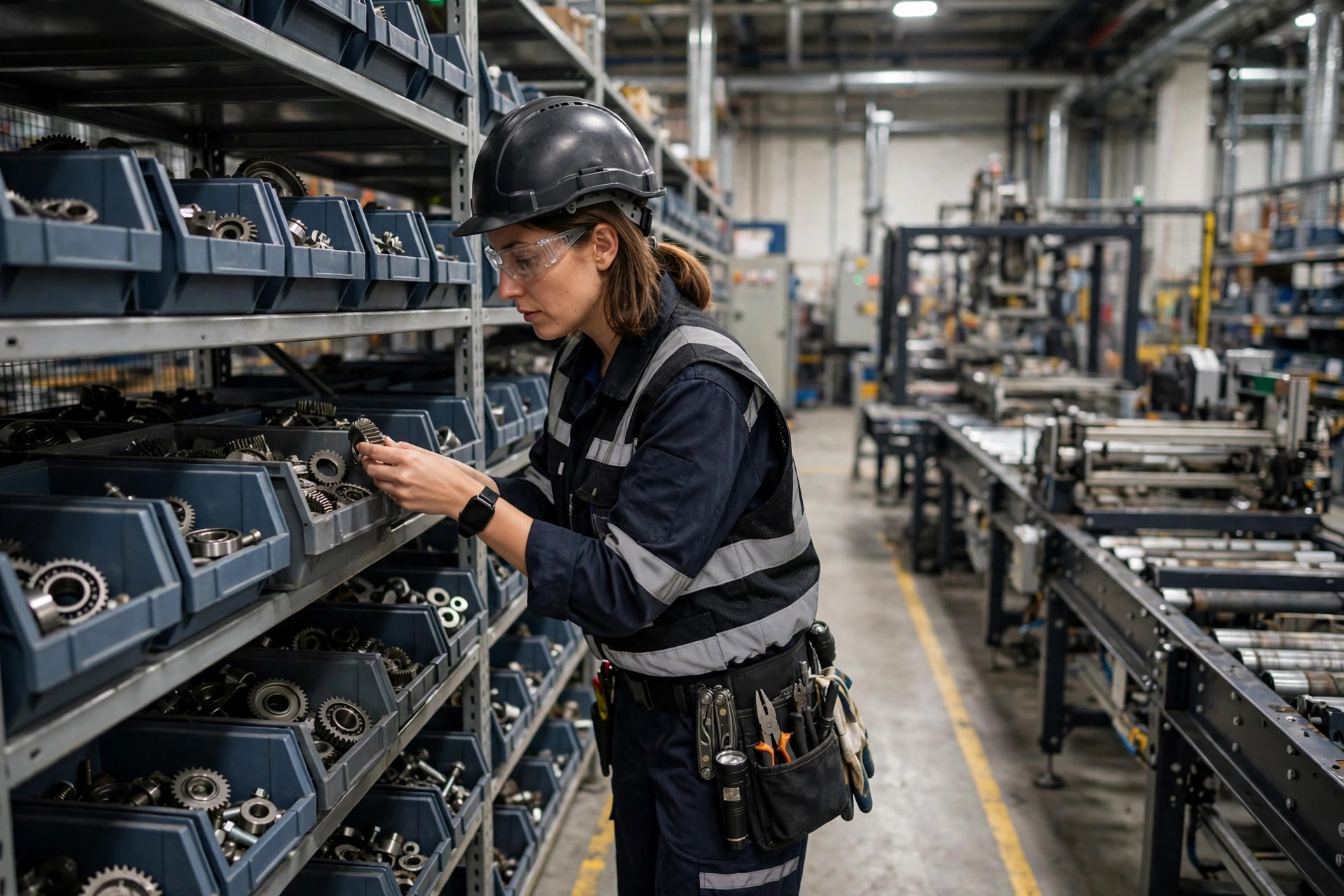 Spare parts shelf with sorter components in a warehouse maintenance room