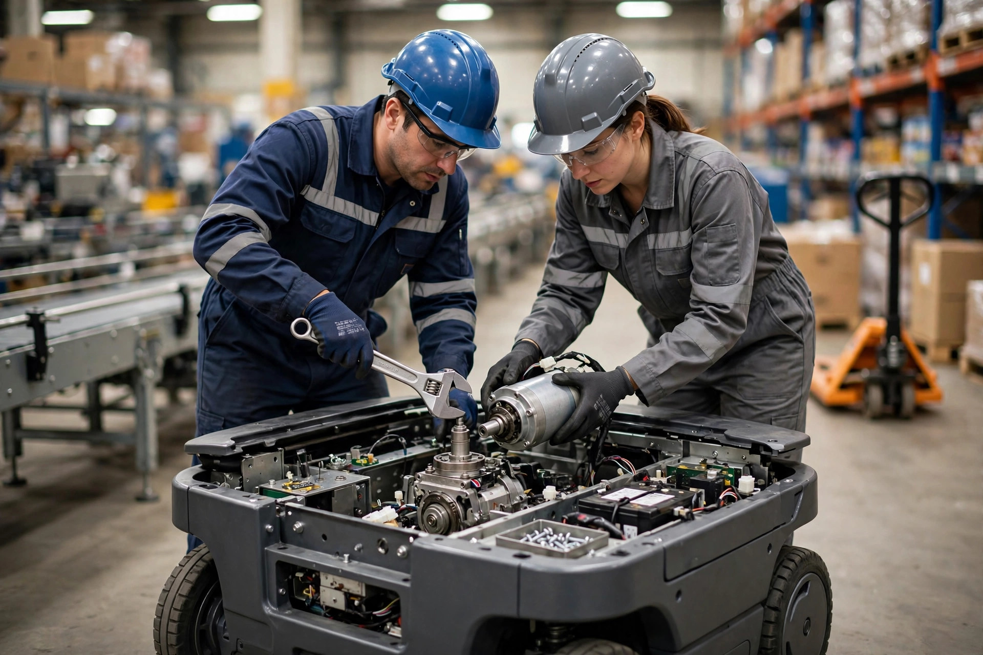 Two technicians replacing a drive motor spare part on an automated mobile robot