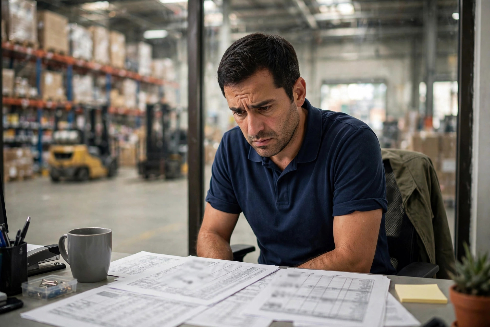 A warehouse manager frowning over labor cost reports, warehouse floor visible behind him
