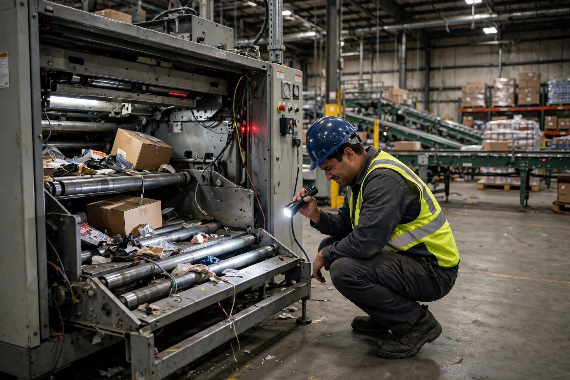 An engineer crouching beside a malfunctioning automated sorting machine during inspection