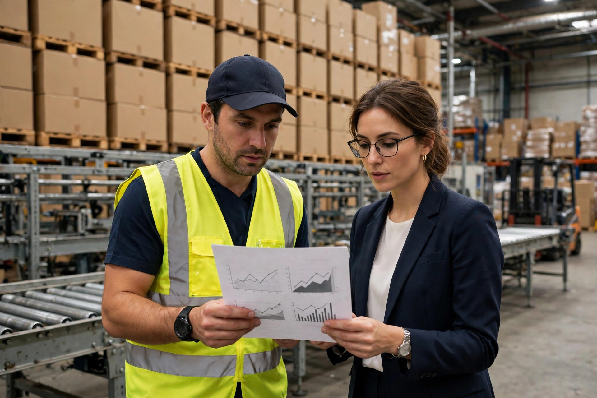 A warehouse manager and finance professional reviewing a printed report together inside a warehouse