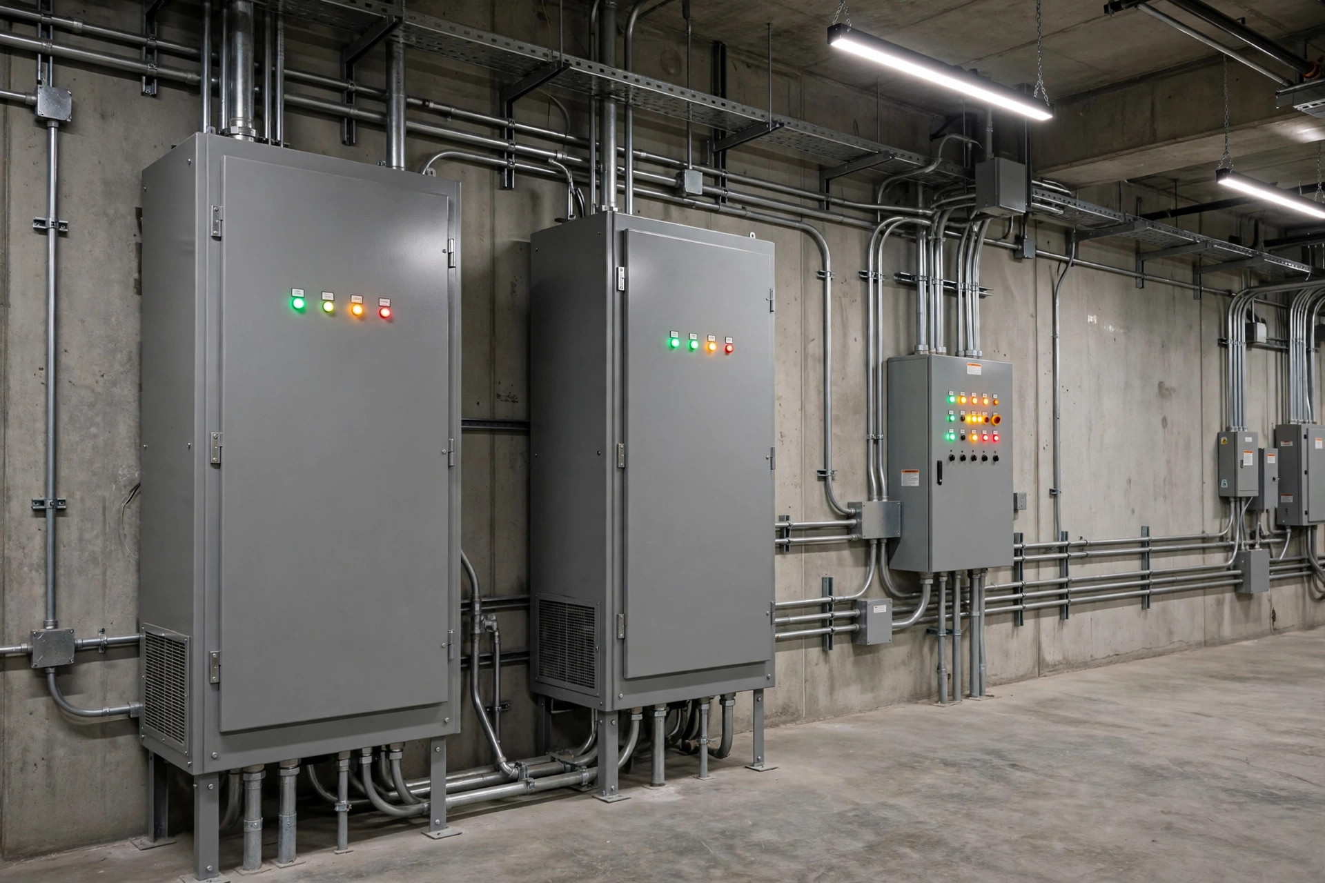 Automatic transfer switch cabinets and generator control panel in a warehouse electrical room