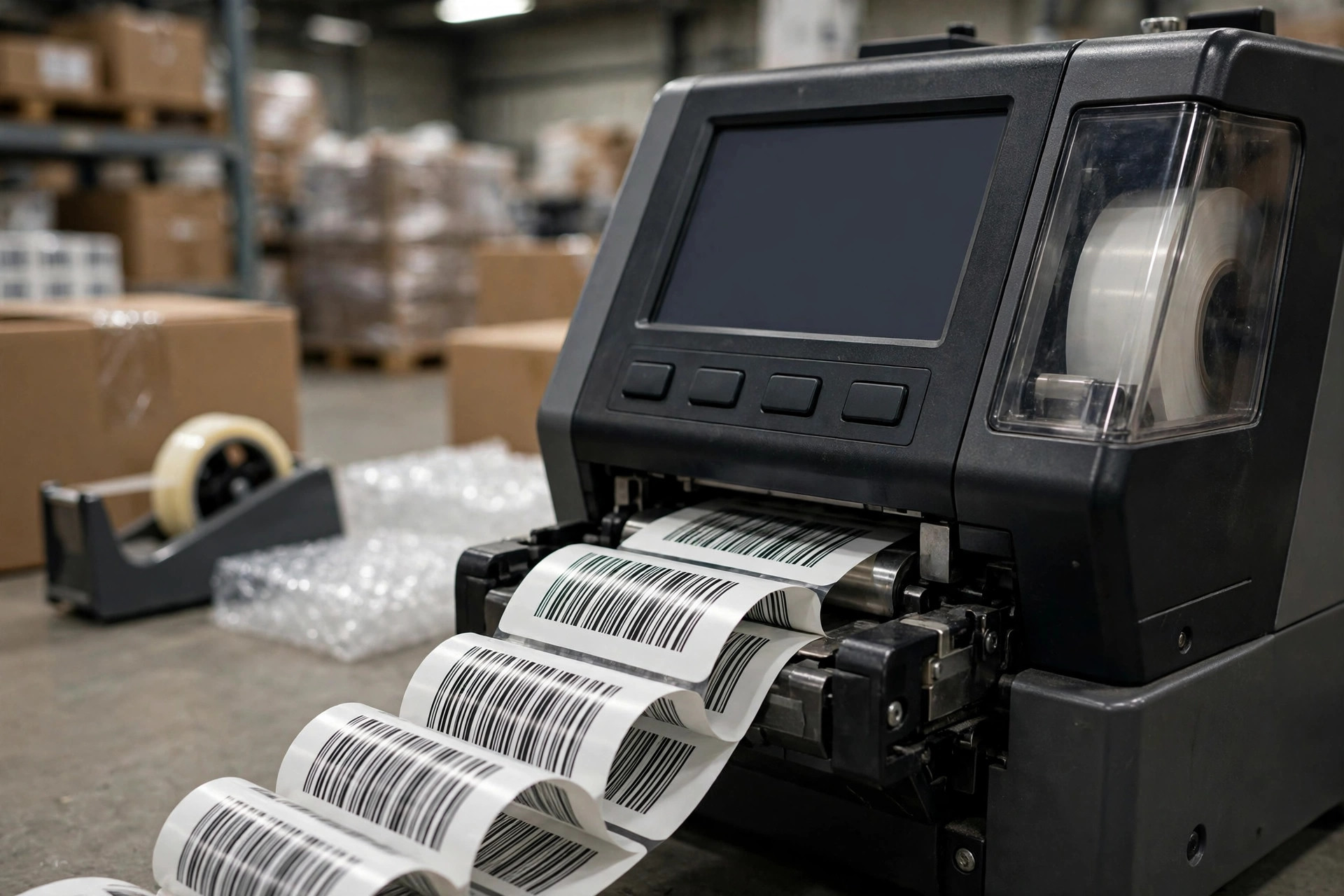 Industrial label printer printing barcode labels in a packing area