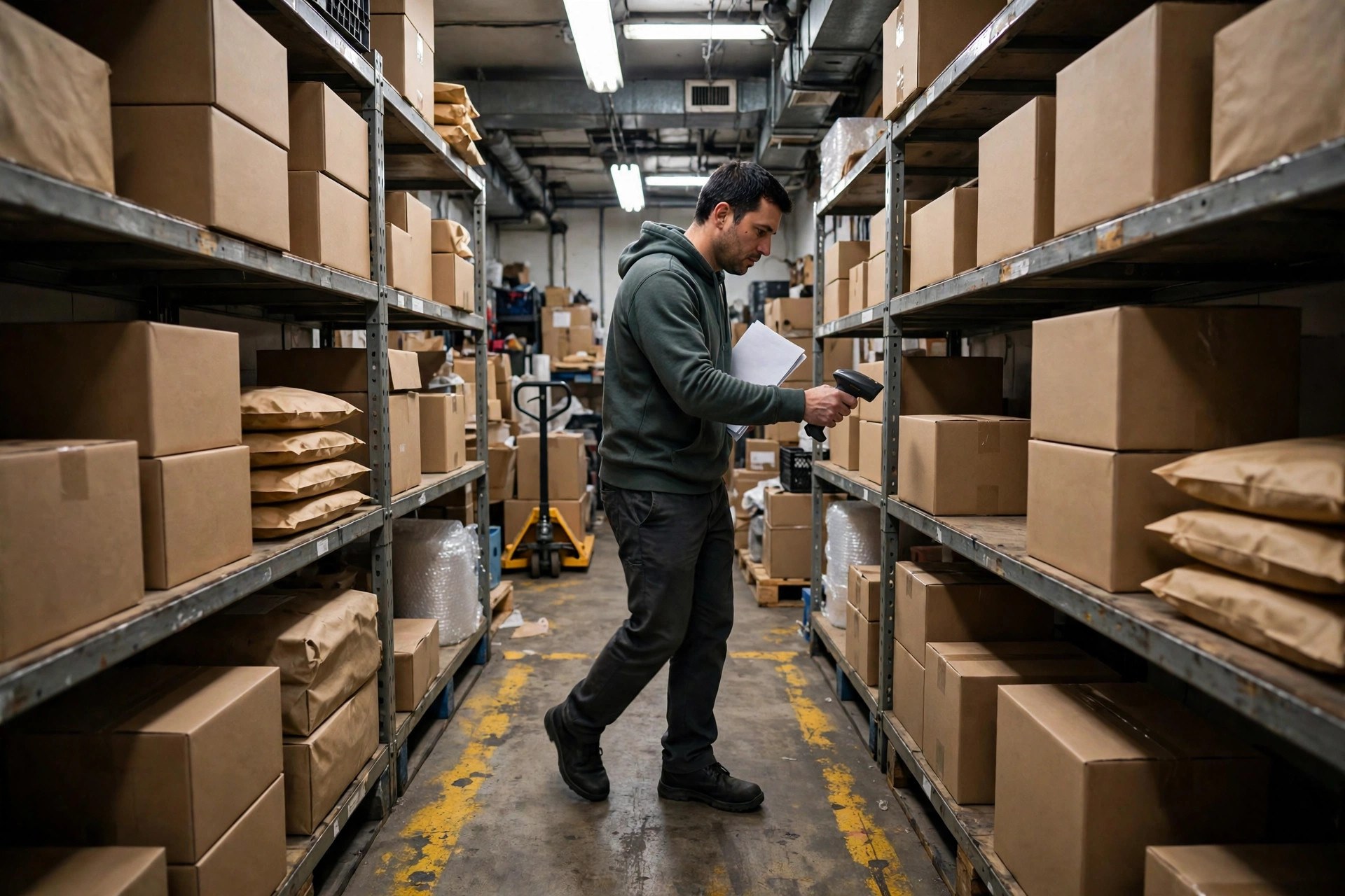A small warehouse office where someone reviews data reports on a computer