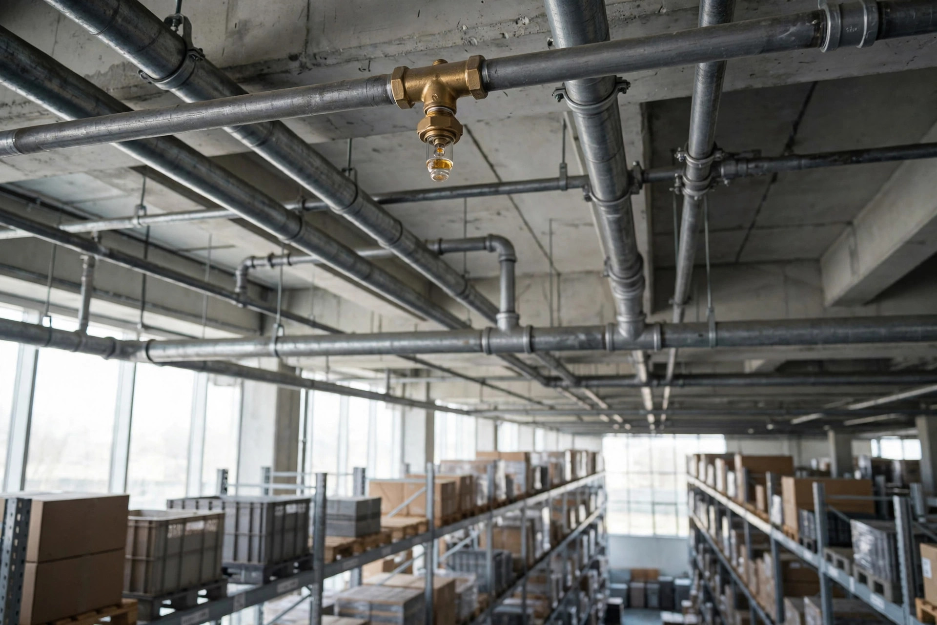 Interior of a fire-damaged warehouse at standstill, water stains and damaged racking