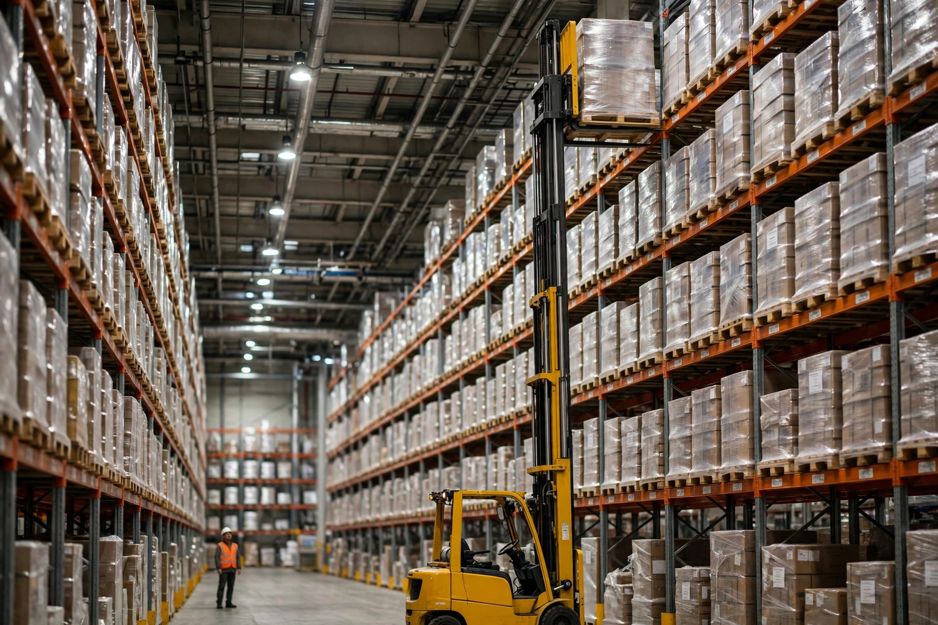 Forklift placing a pallet on the top level of tall warehouse racking