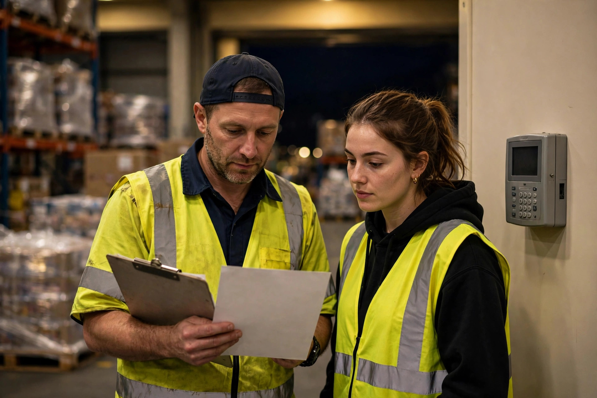 A supervisor reviewing the shift schedule beside the time clock