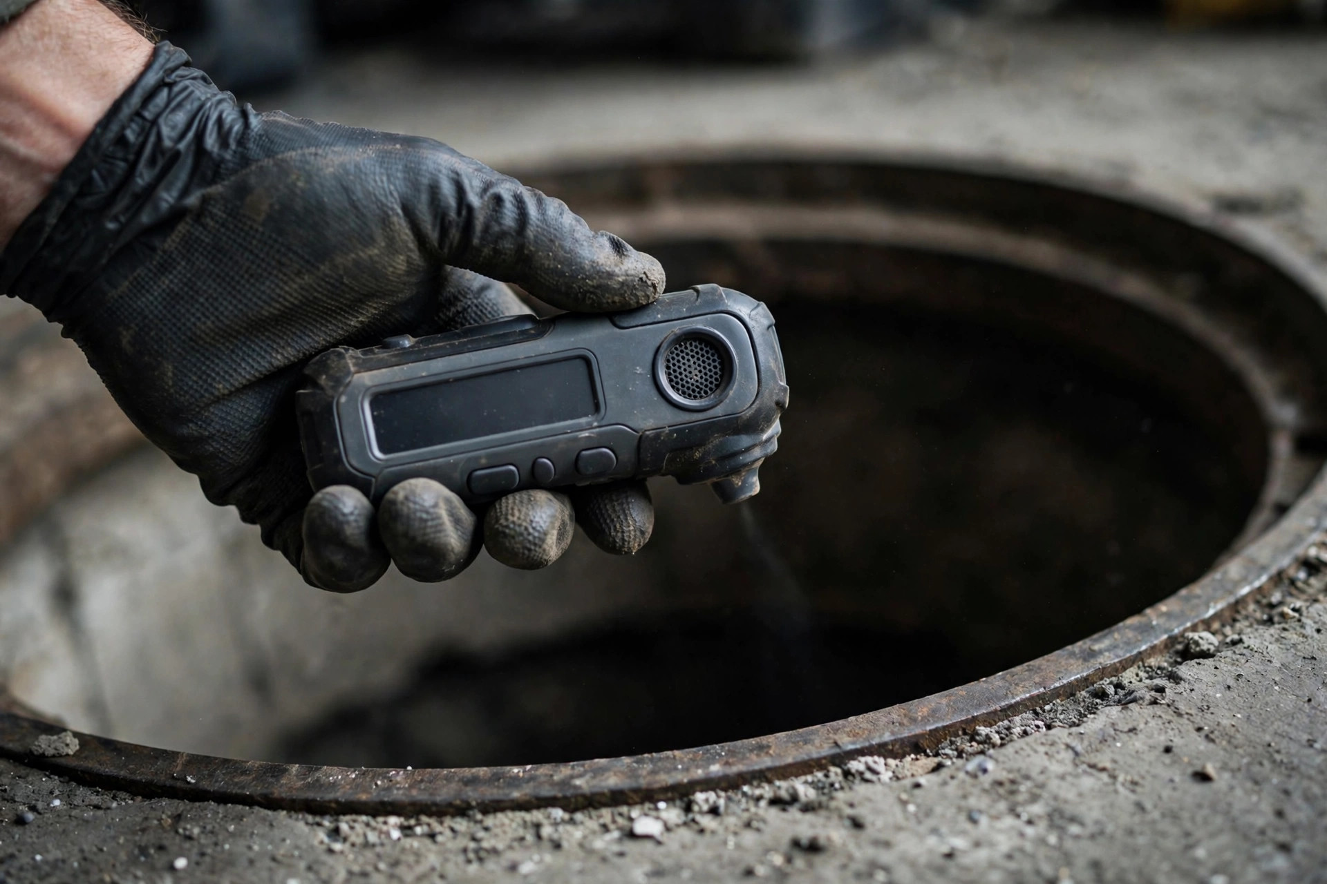 Close-up of a gas detector at a warehouse pit opening