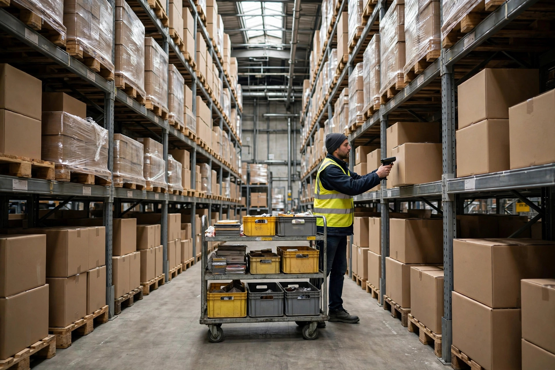 Warehouse picker working between storage racks