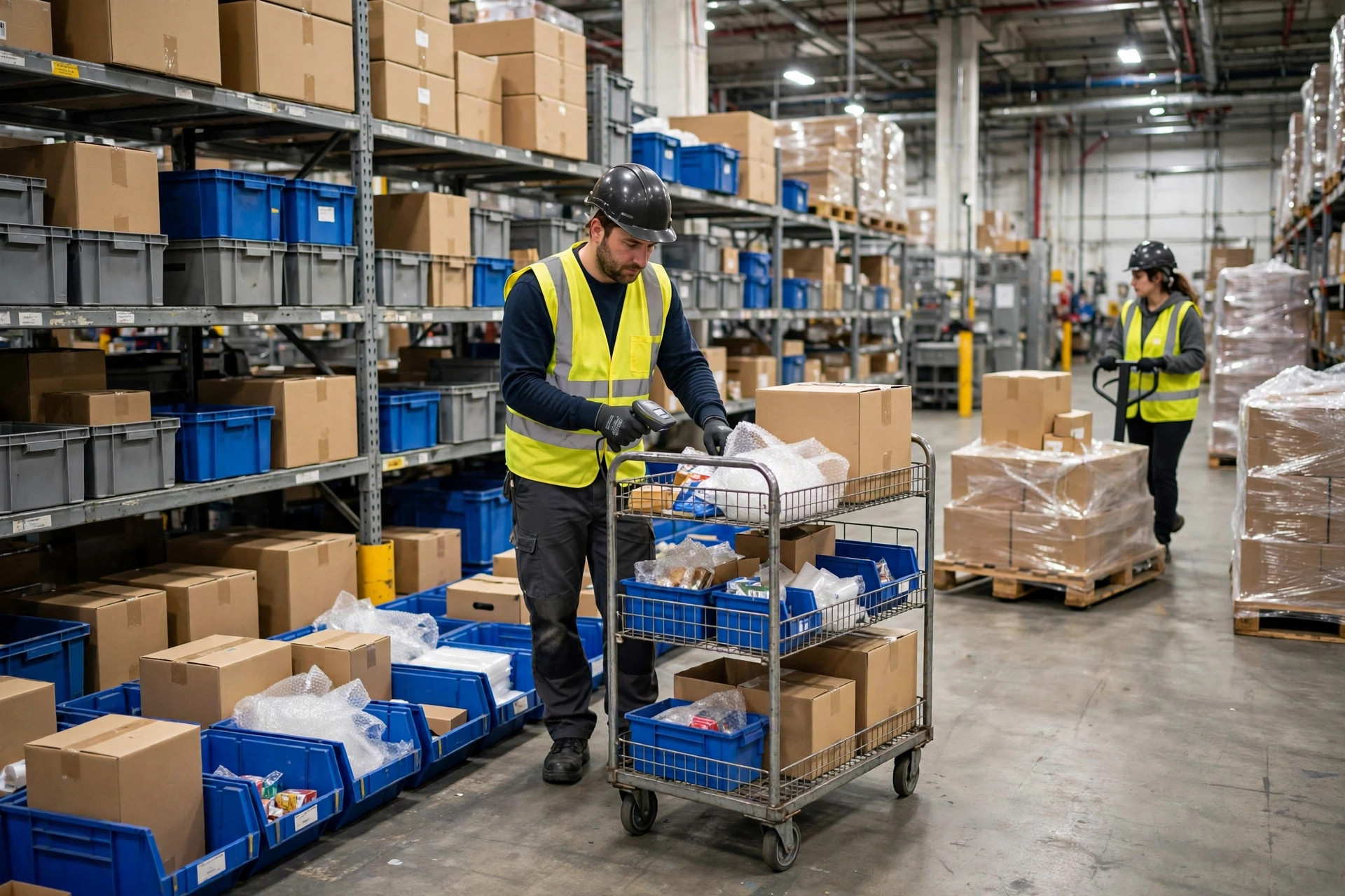 A multiskilled warehouse worker operating both a forklift and a pick cart during cross-training