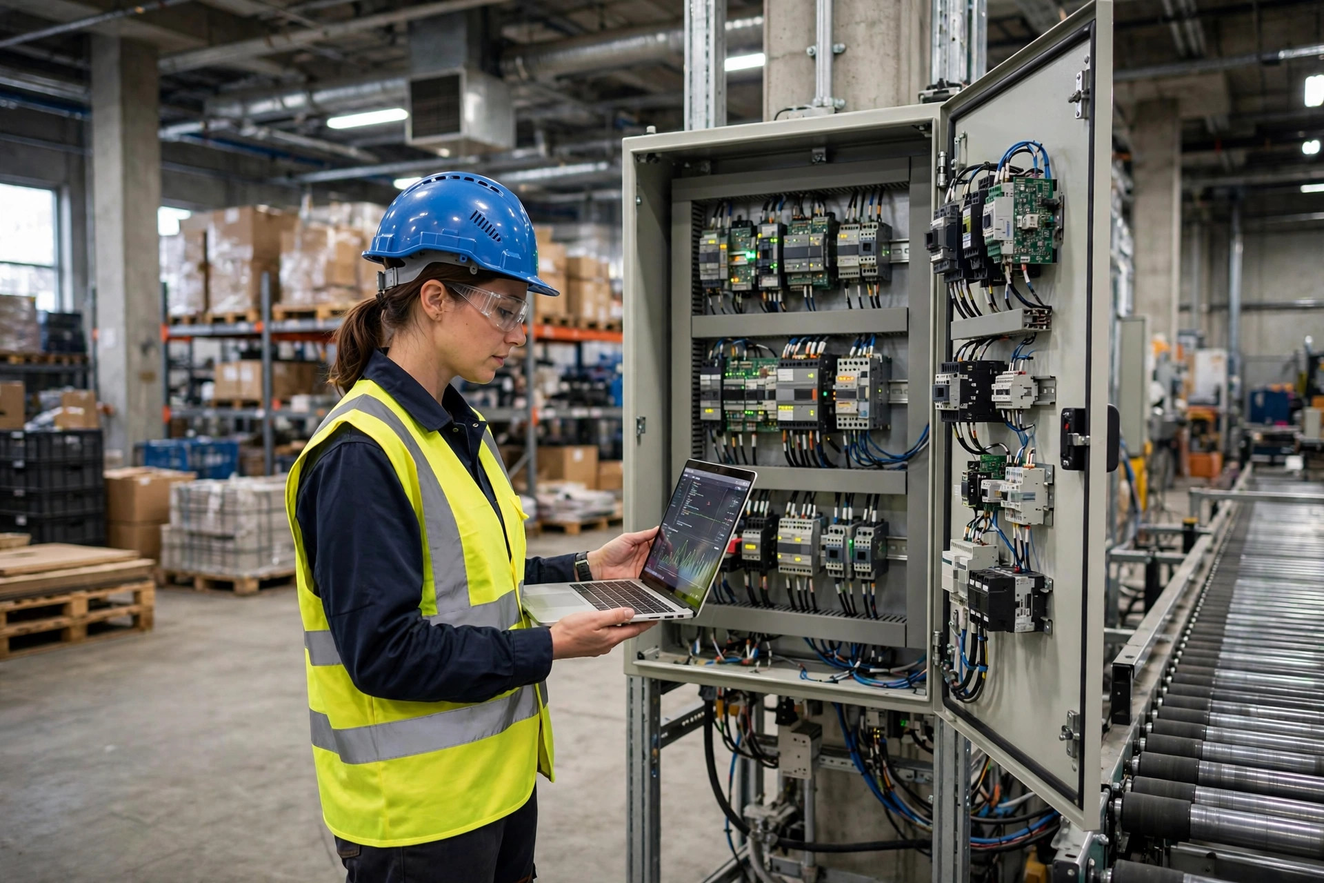 An engineer checking a PLC control cabinet with a laptop next to a conveyor line