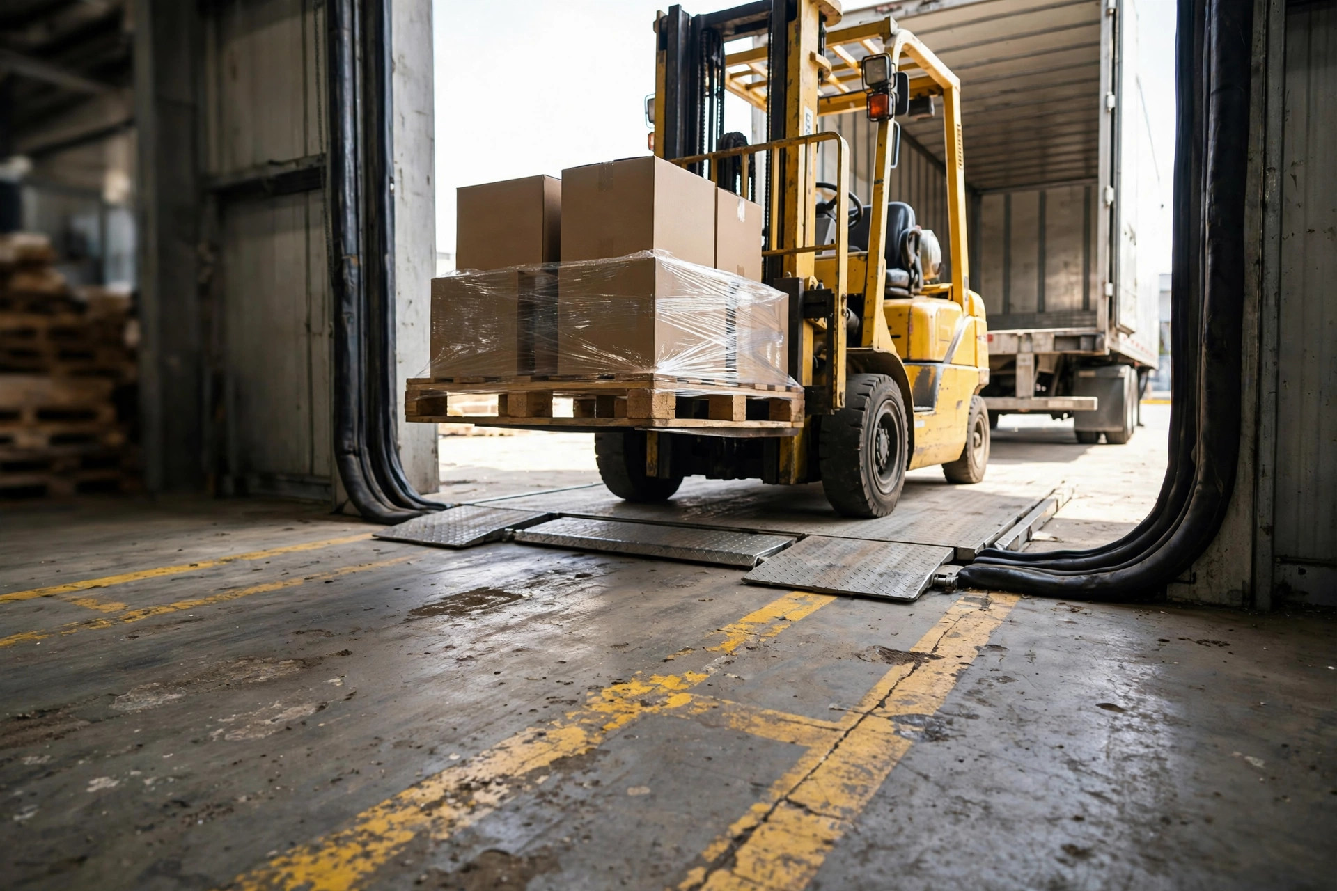 Forklift carrying a pallet through a dock door