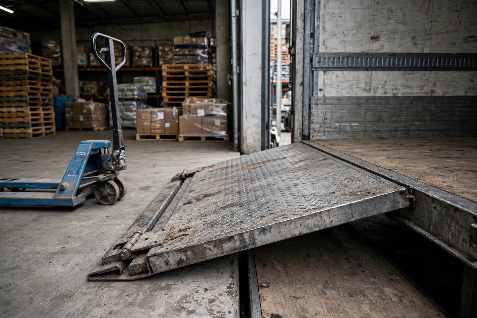 Dock leveler bridging the dock and the trailer, the height gap plain to see