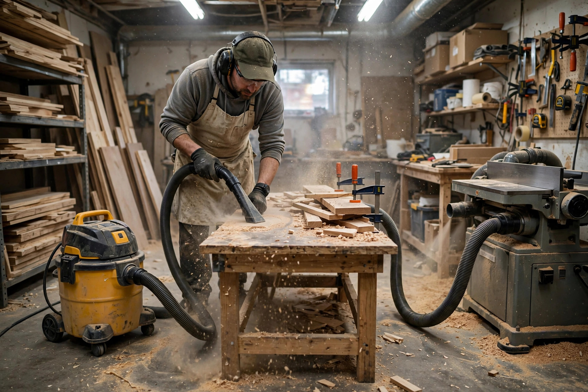 Worker vacuuming fine wood dust in a small warehouse