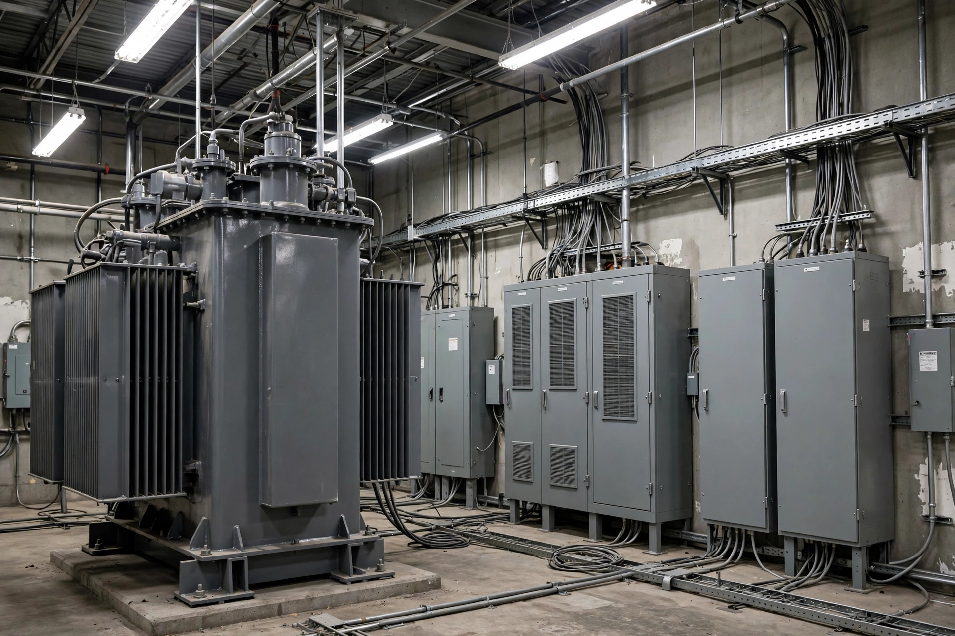 Electricista inspeccionando el tablero eléctrico de un almacén