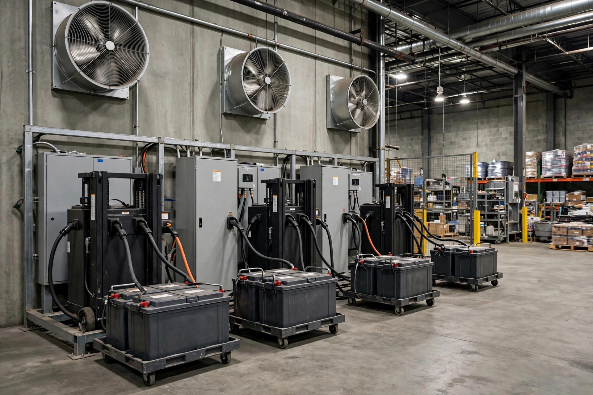 Forklift battery charging station in a warehouse with ventilation fans