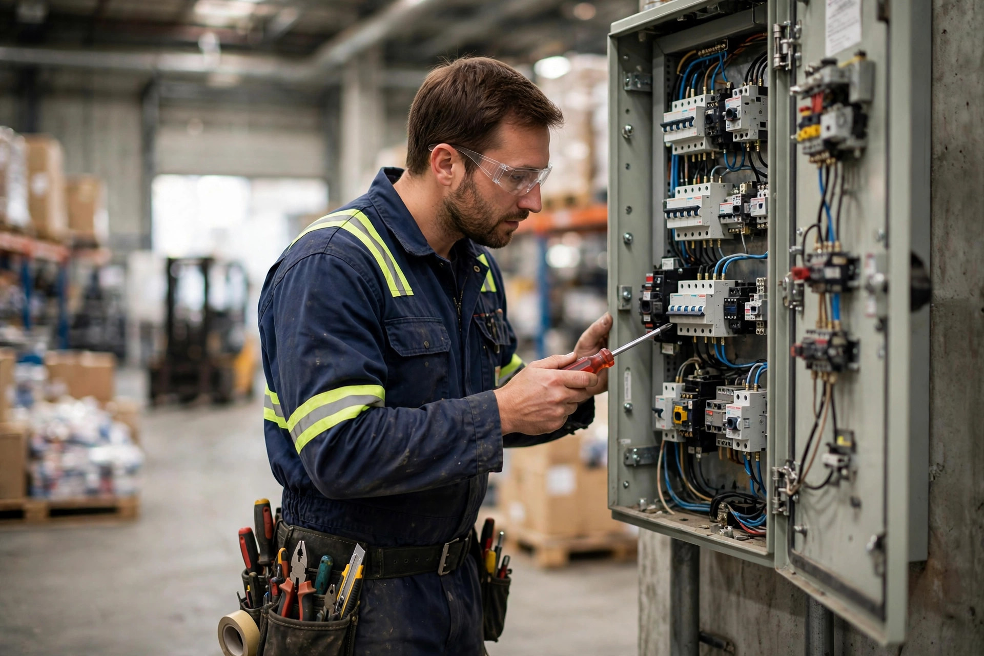 Electrician inspecting an industrial electrical distribution panel in a warehouse