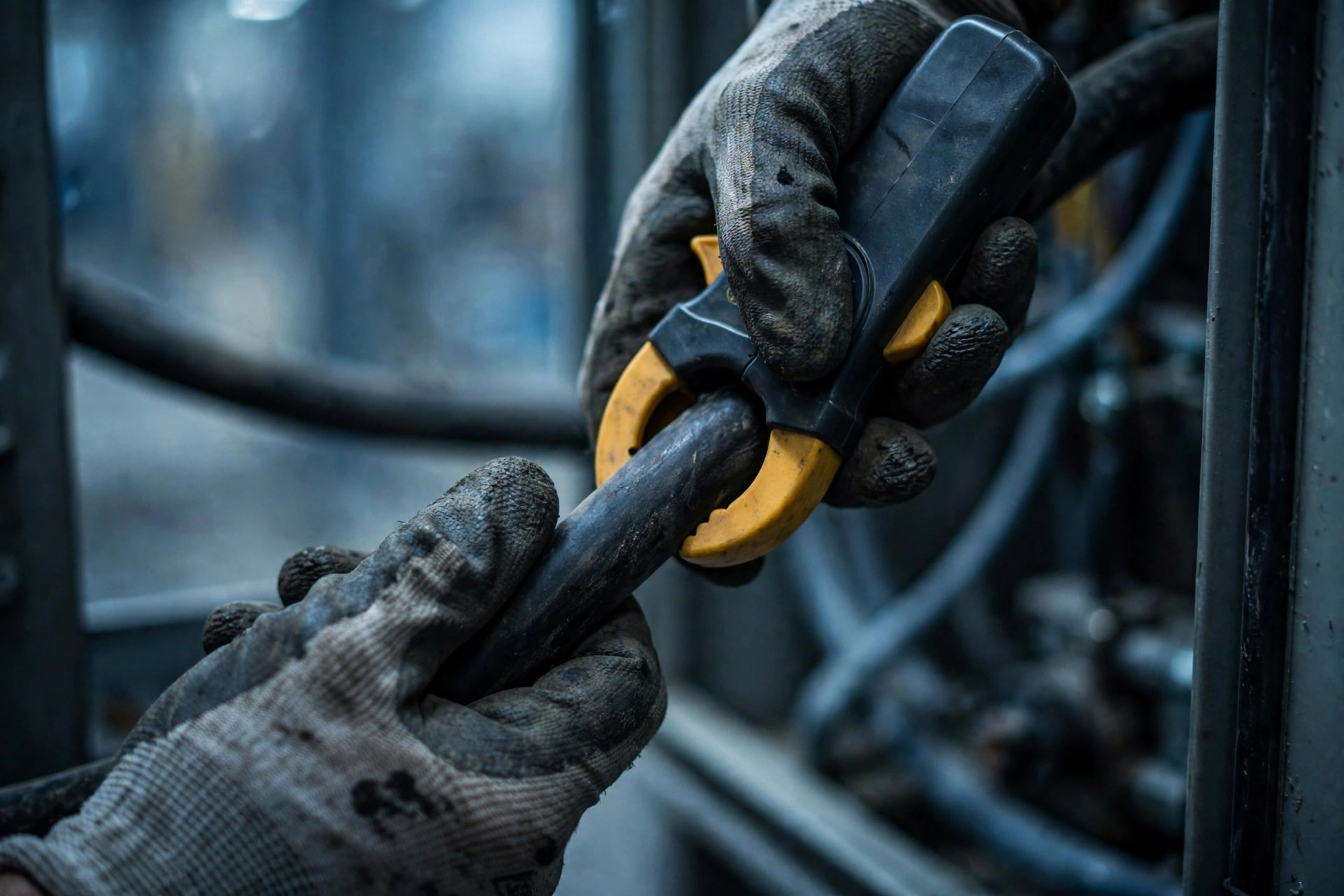Un electricista midiendo la corriente en un tablero de distribución con una pinza amperimétrica