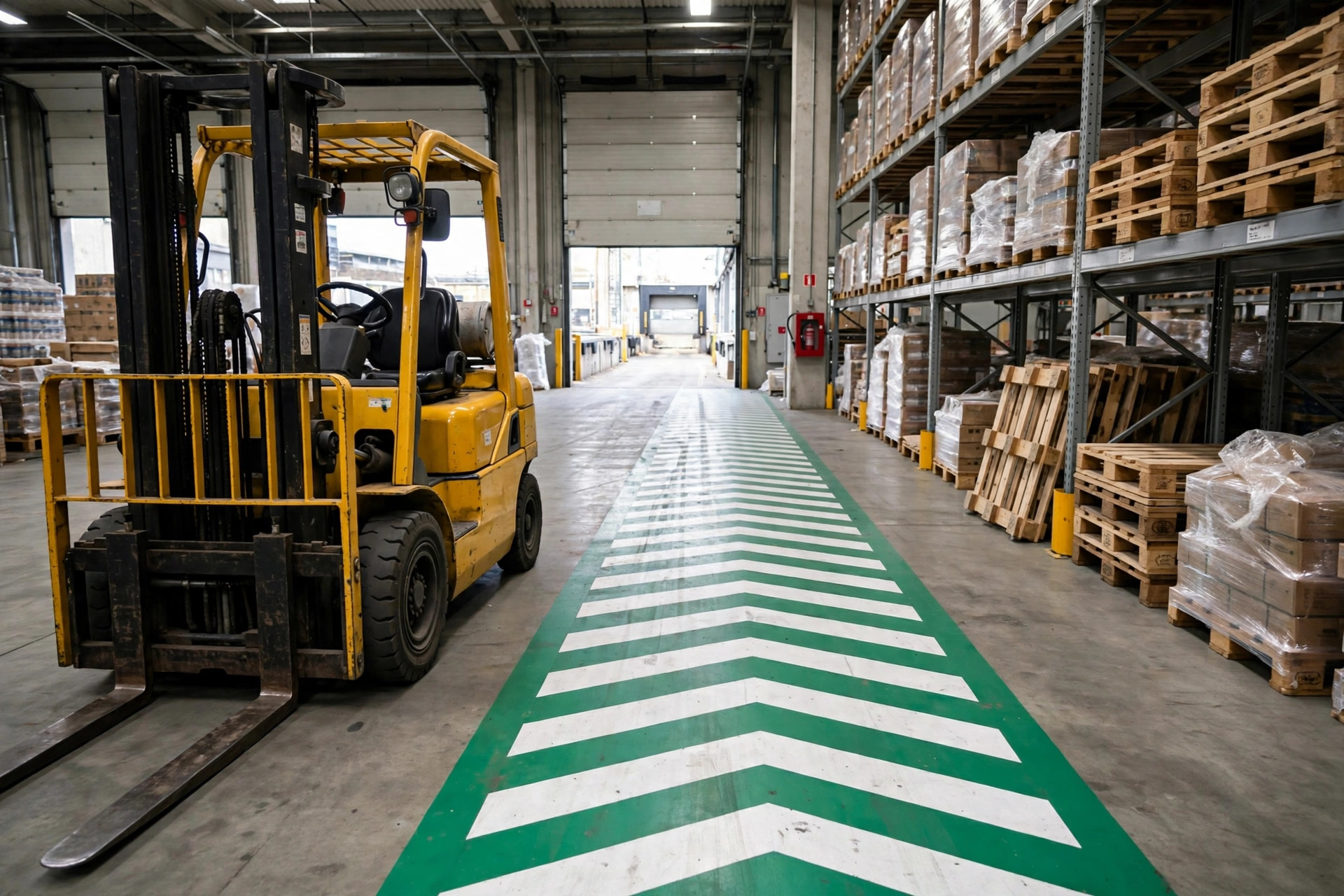 Warehouse emergency evacuation drill with workers walking to the exit