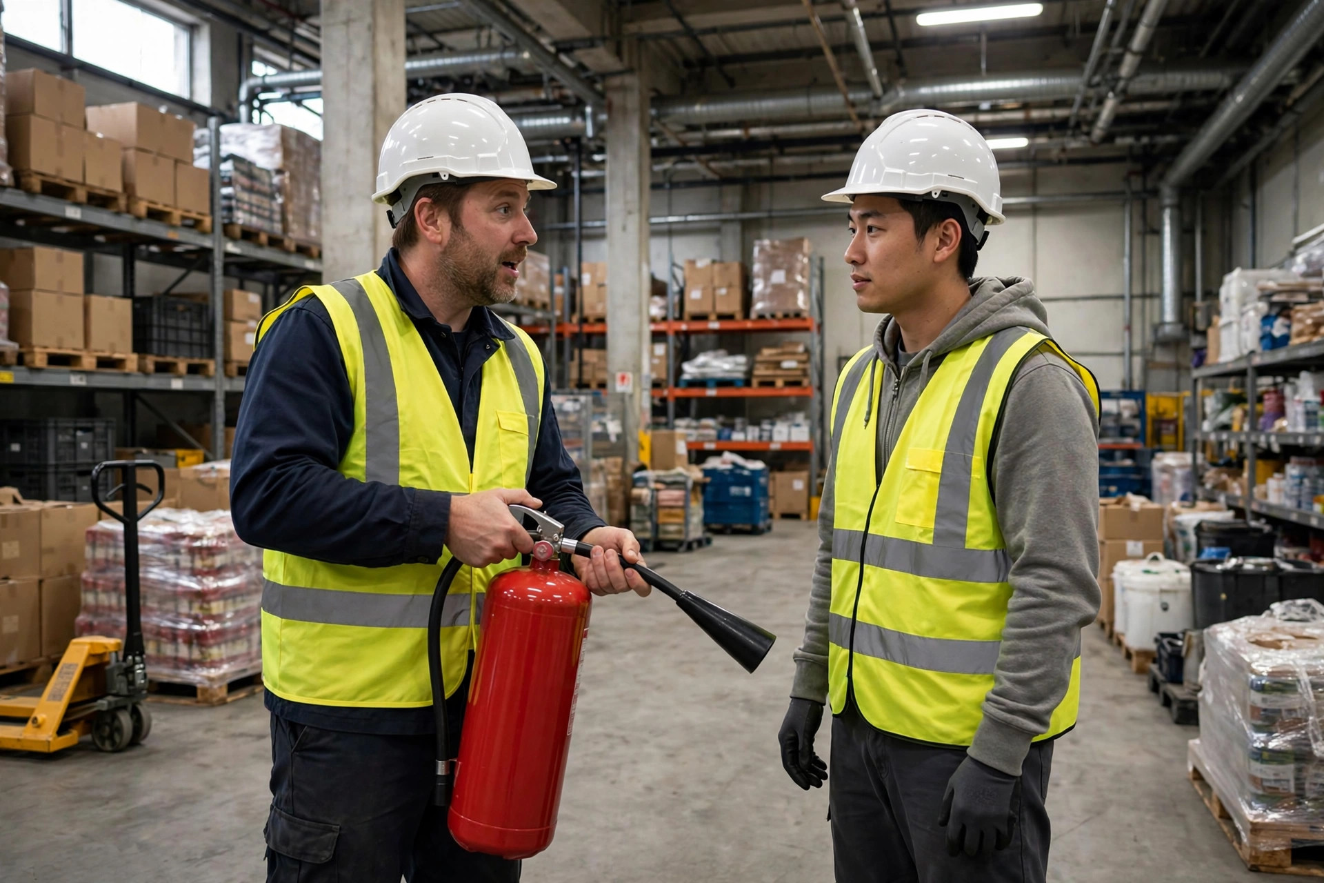 Warehouse fire extinguisher training session