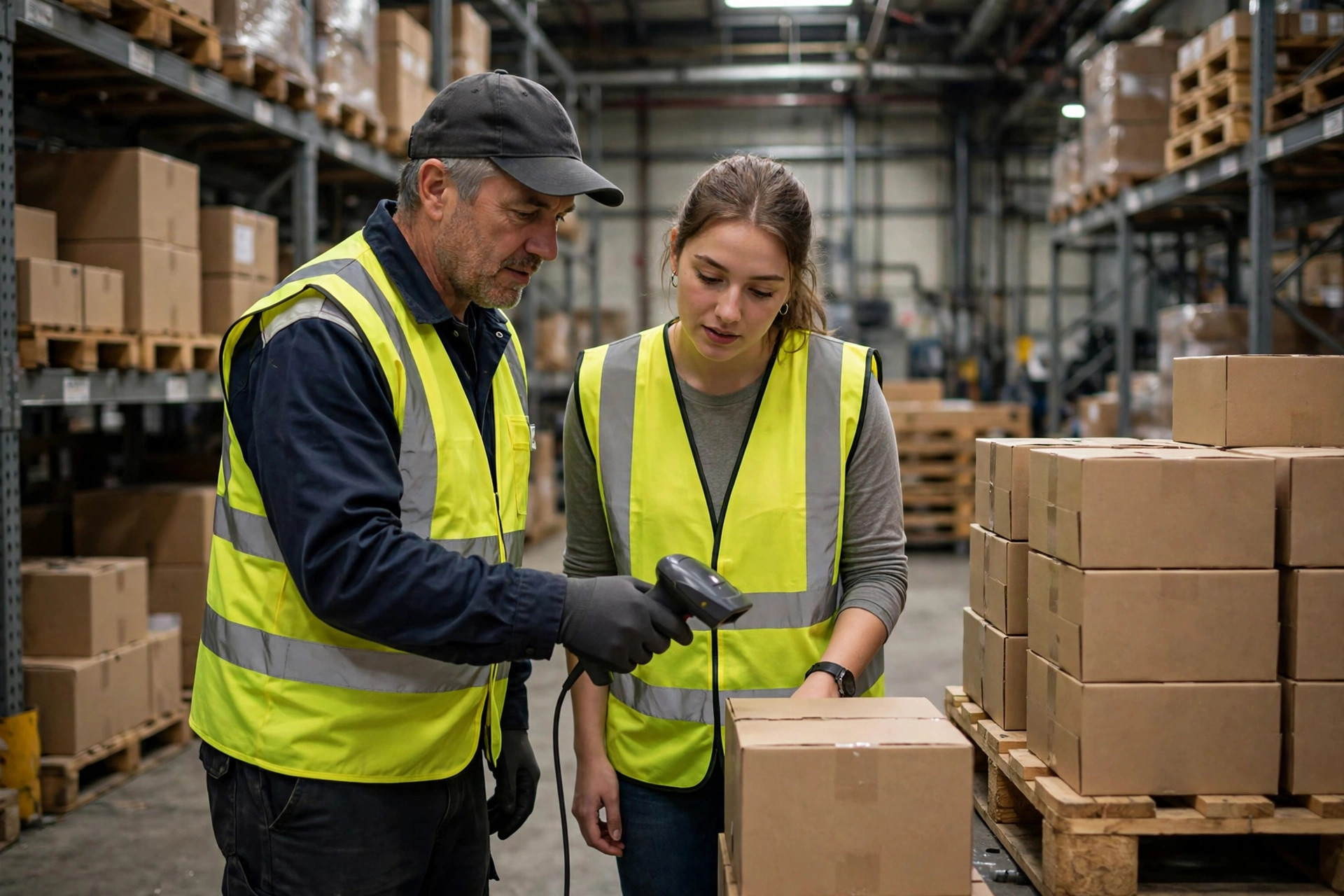 A veteran warehouse worker training a new employee on the floor