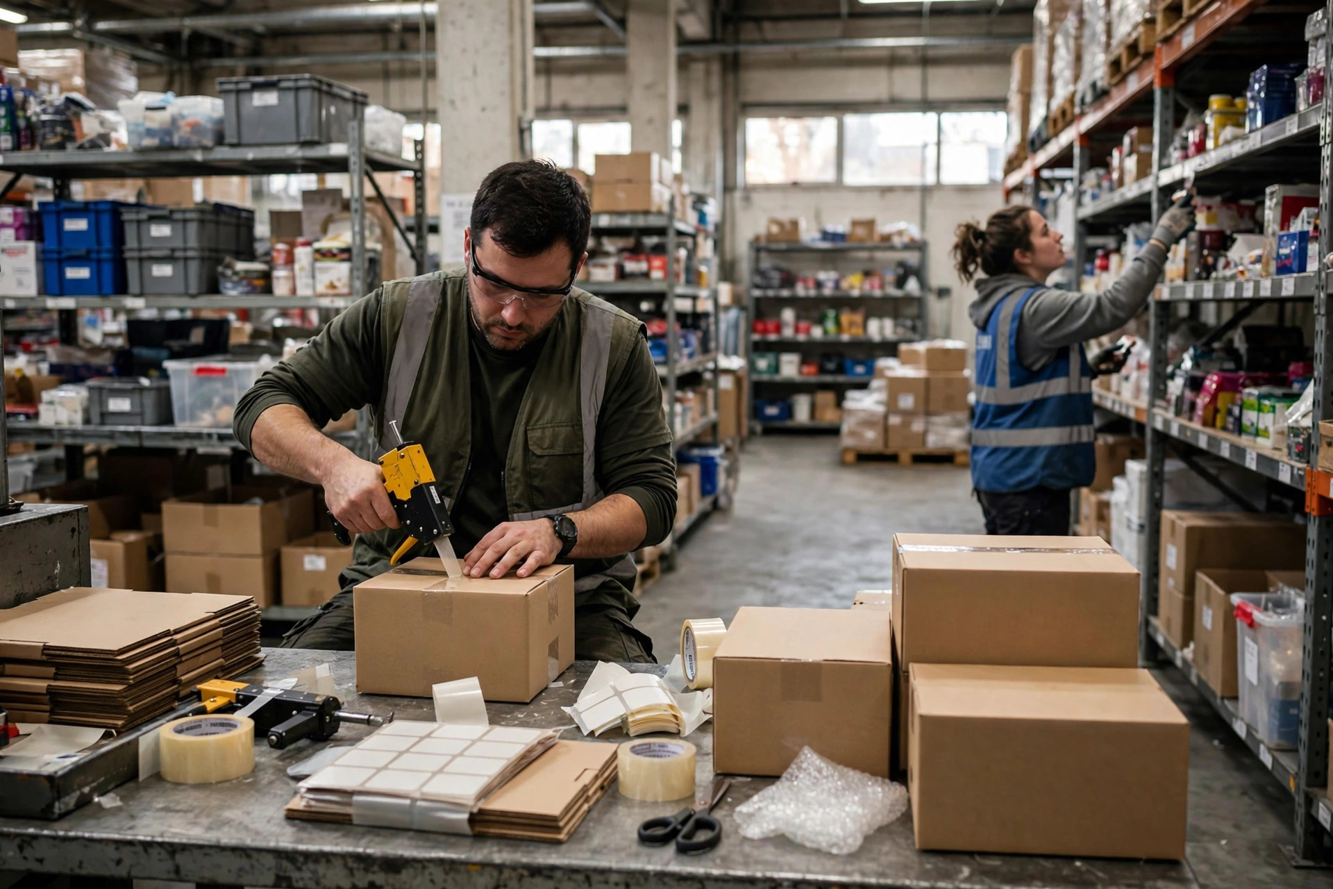 Warehouse worker packing orders at a packing station