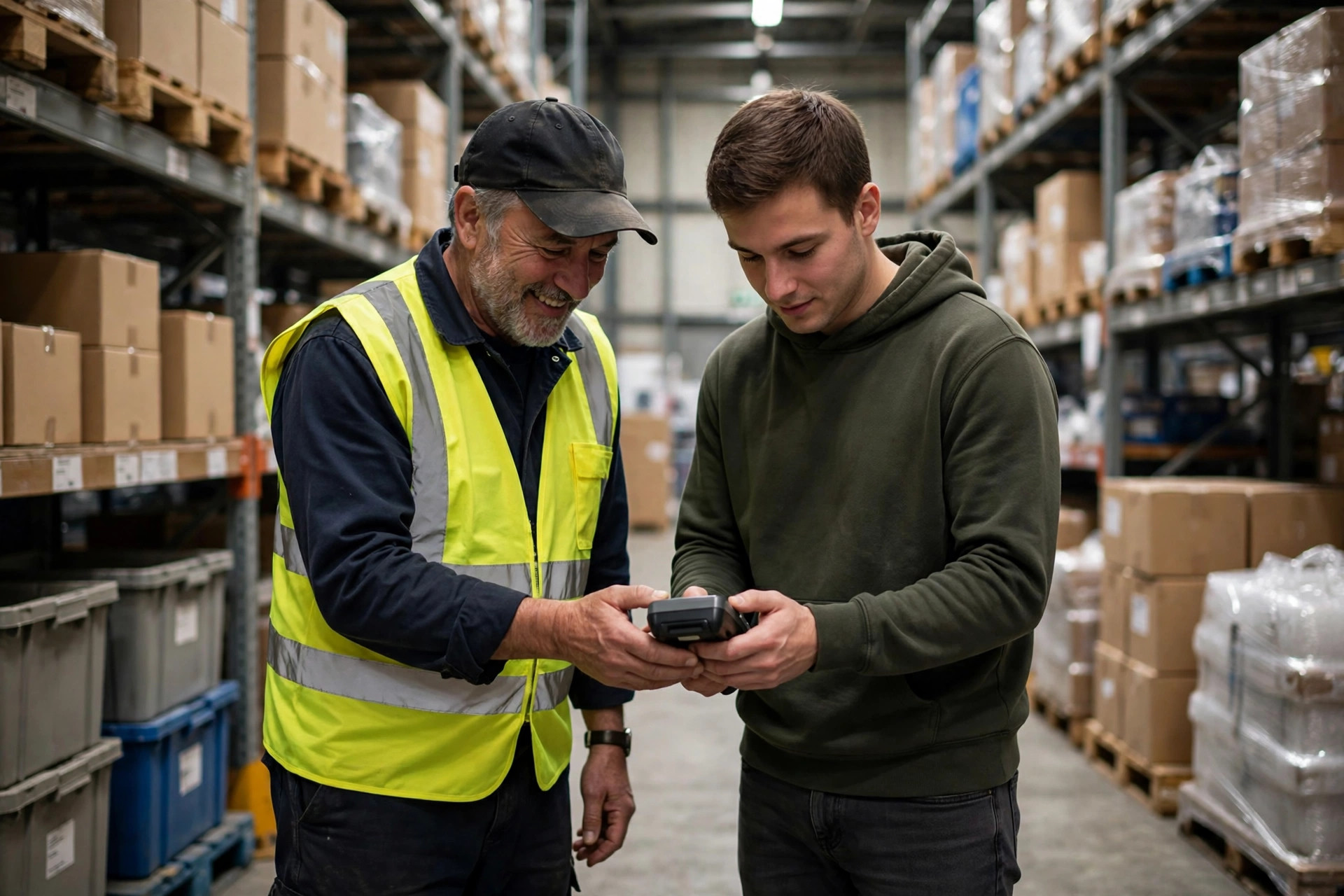 Veteran worker training a new hire on the handheld terminal