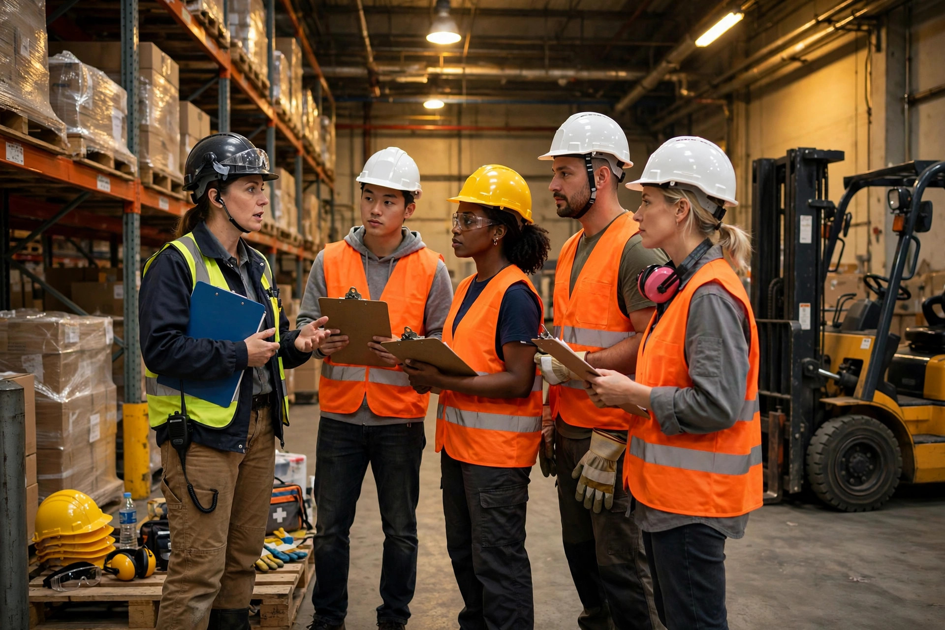 New warehouse hires during morning orientation