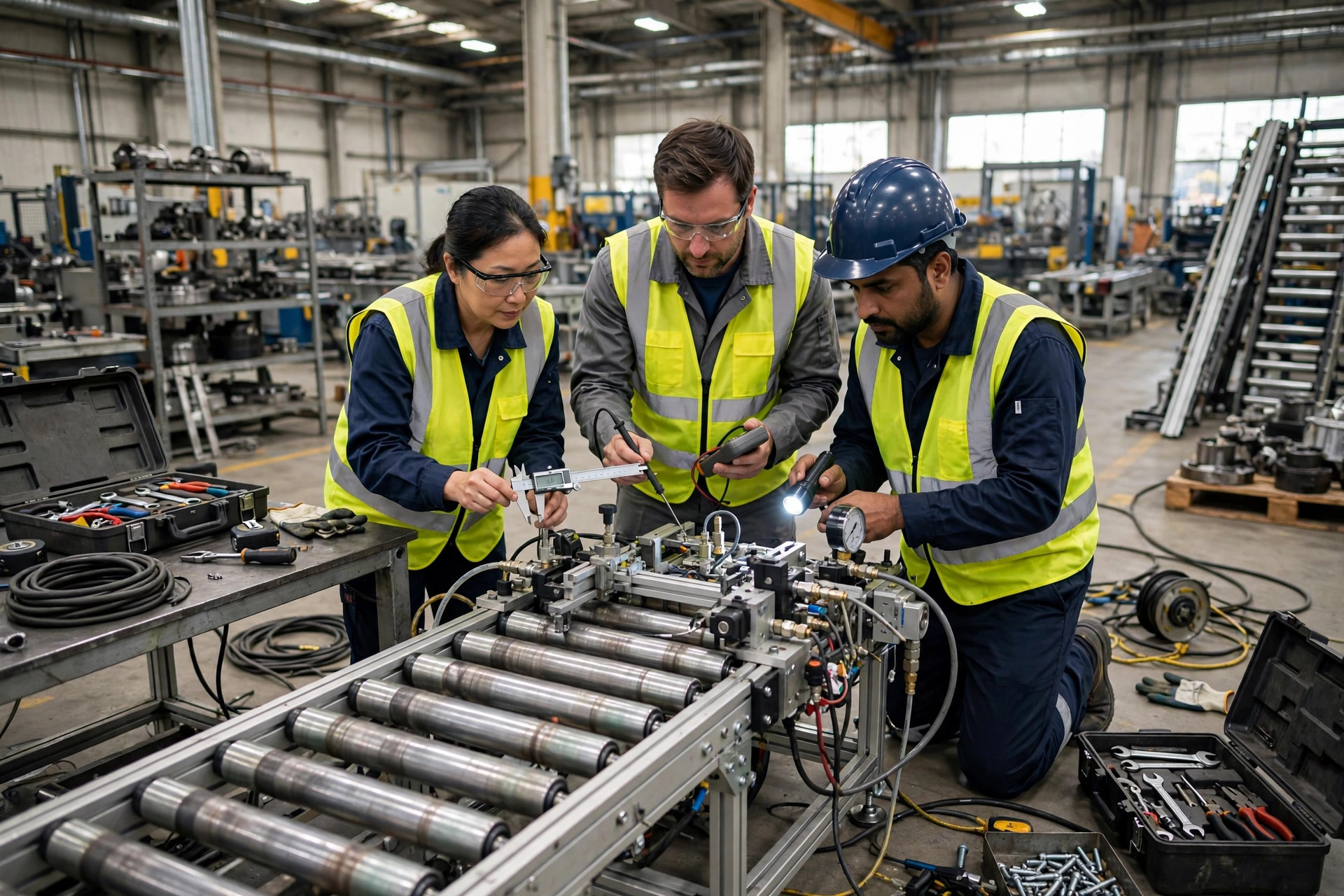 Engineers testing warehouse equipment in a factory inspection area