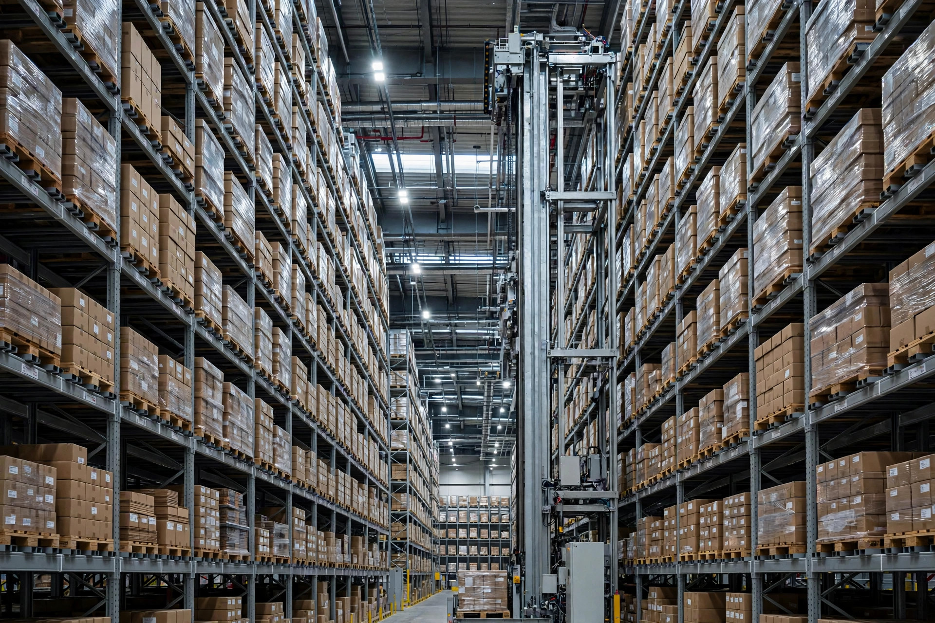 Stacker crane operating in a high-bay ASRS aisle