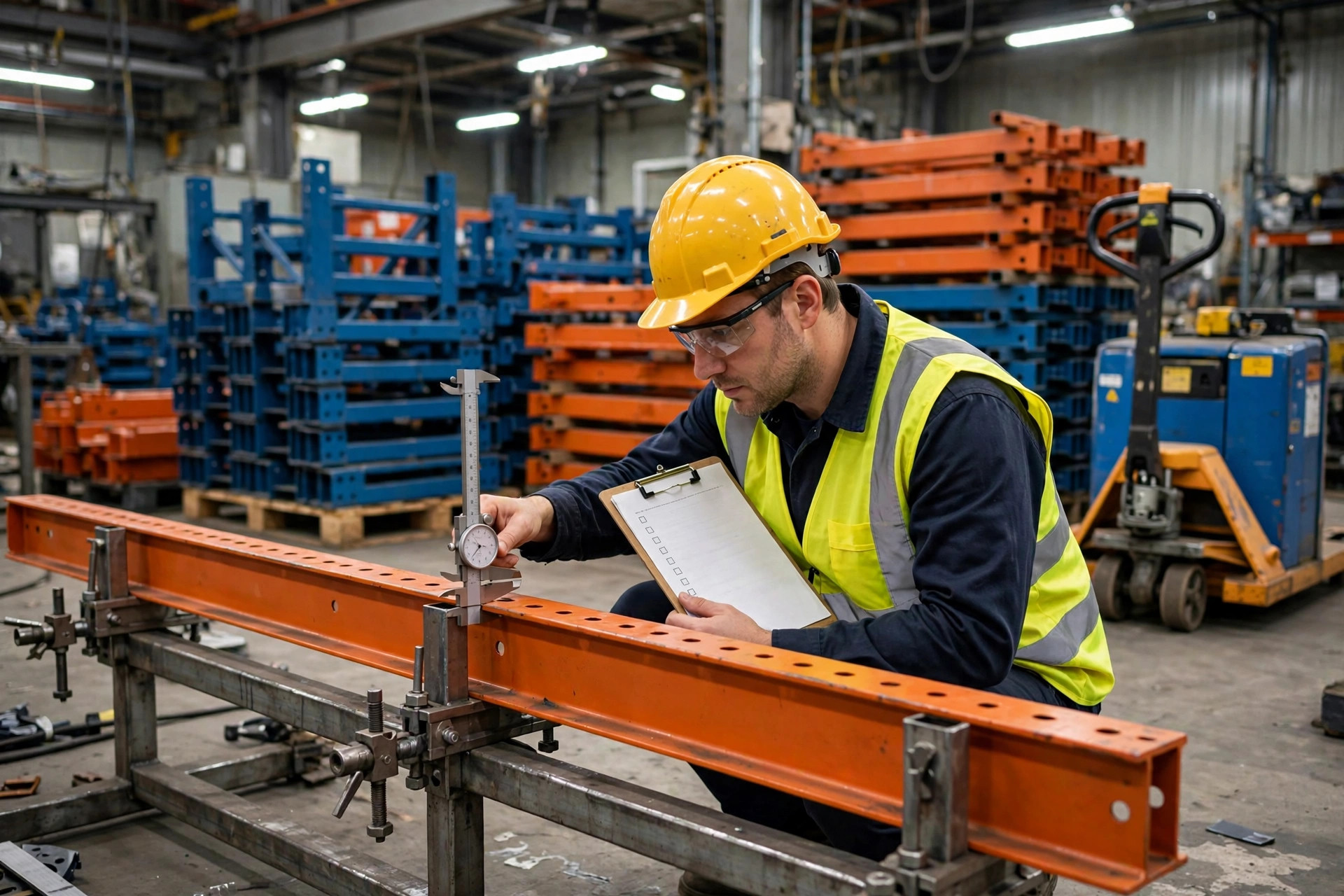 Factory engineer doing quality inspection on warehouse equipment before certification