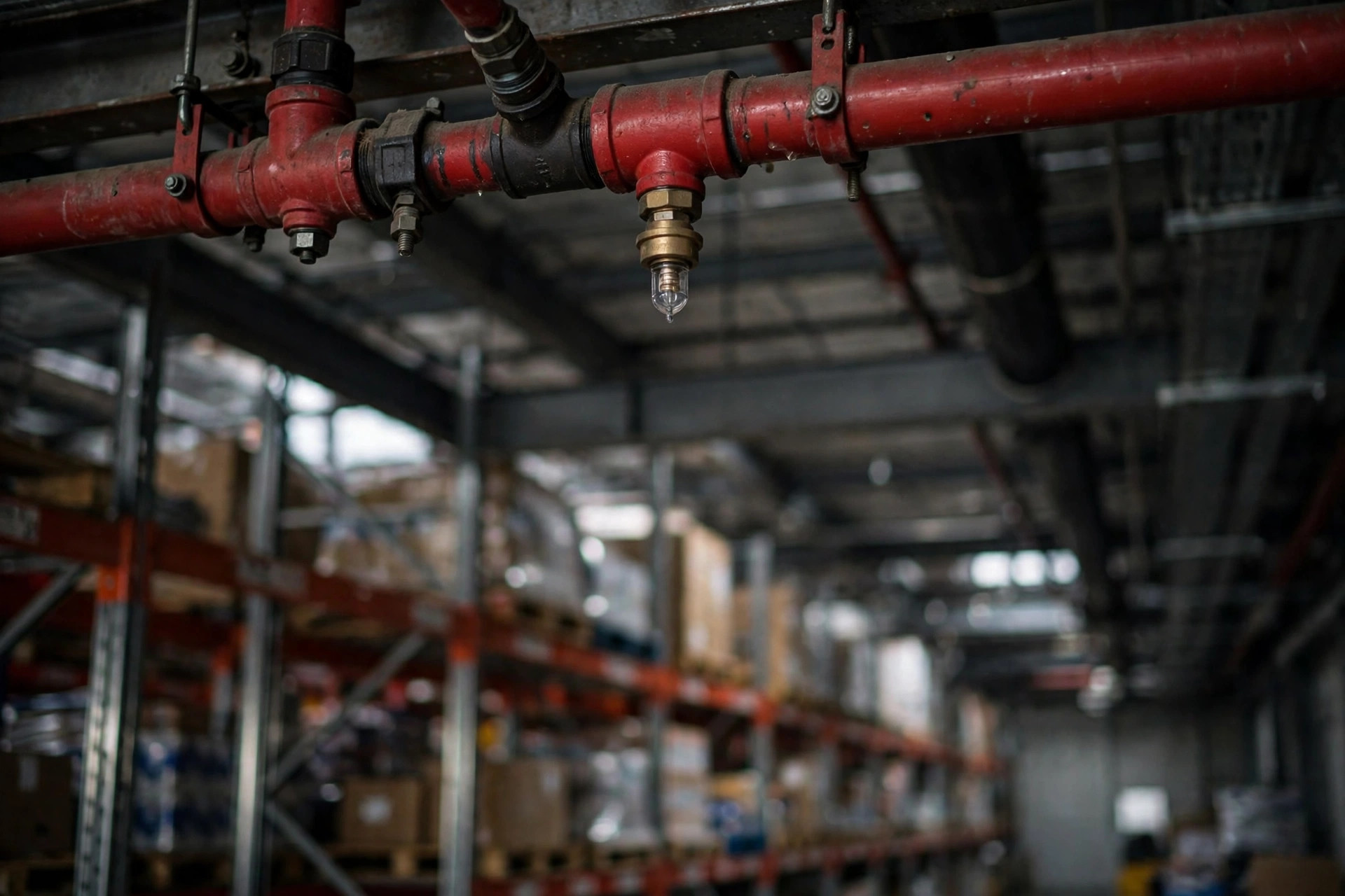 Red fire sprinkler pipes and sprinkler head mounted above tall warehouse racking
