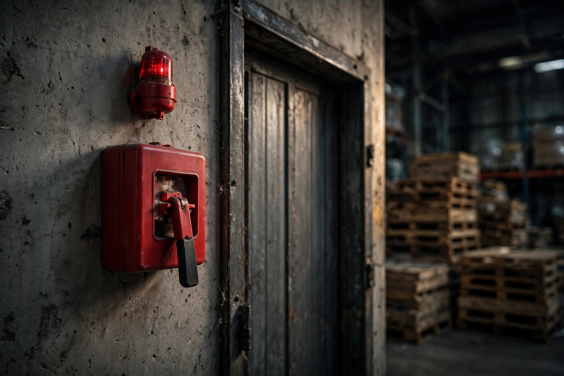 Close-up of a red fire alarm pull station on a warehouse wall