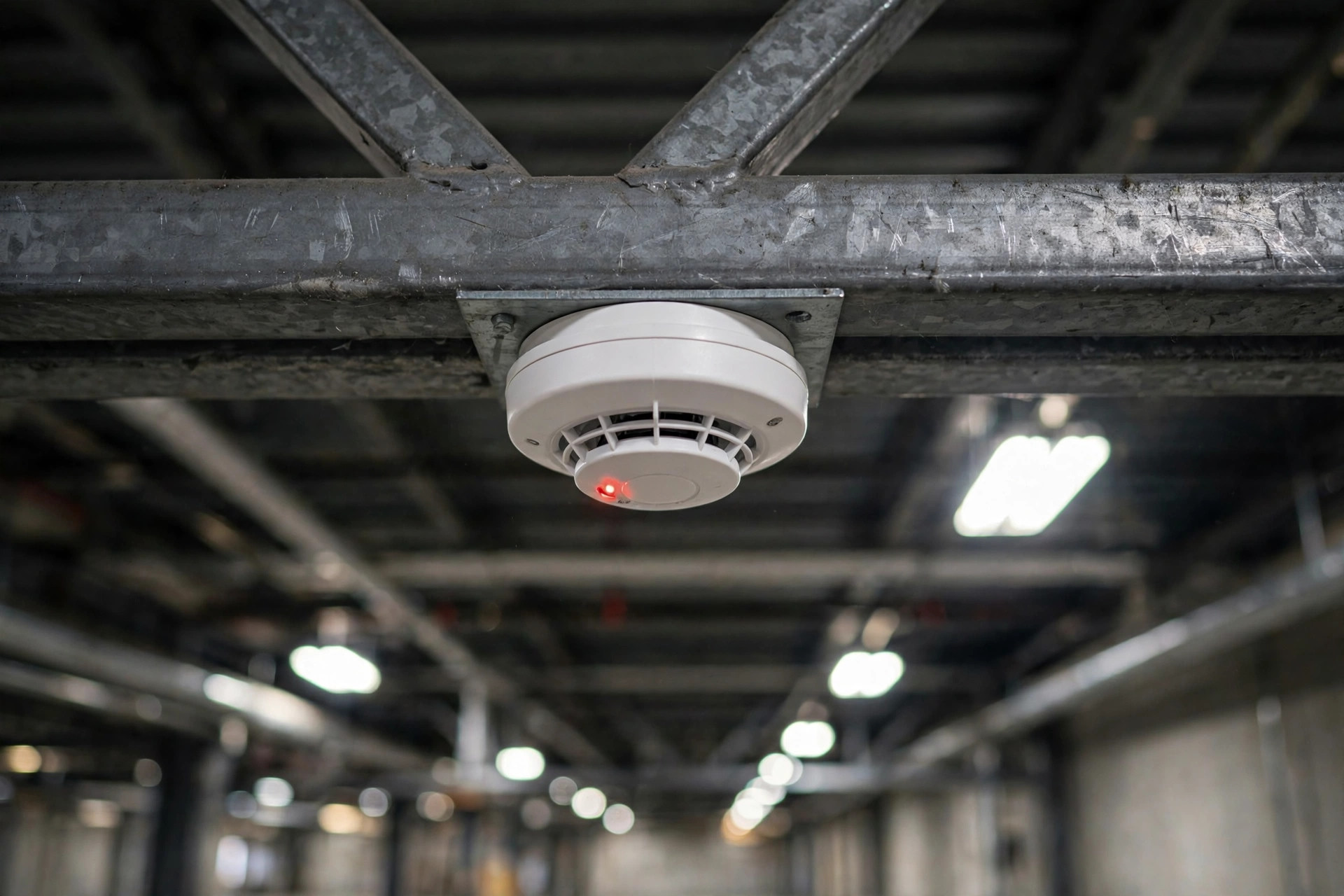 Close-up of a smoke detector on a warehouse corridor ceiling