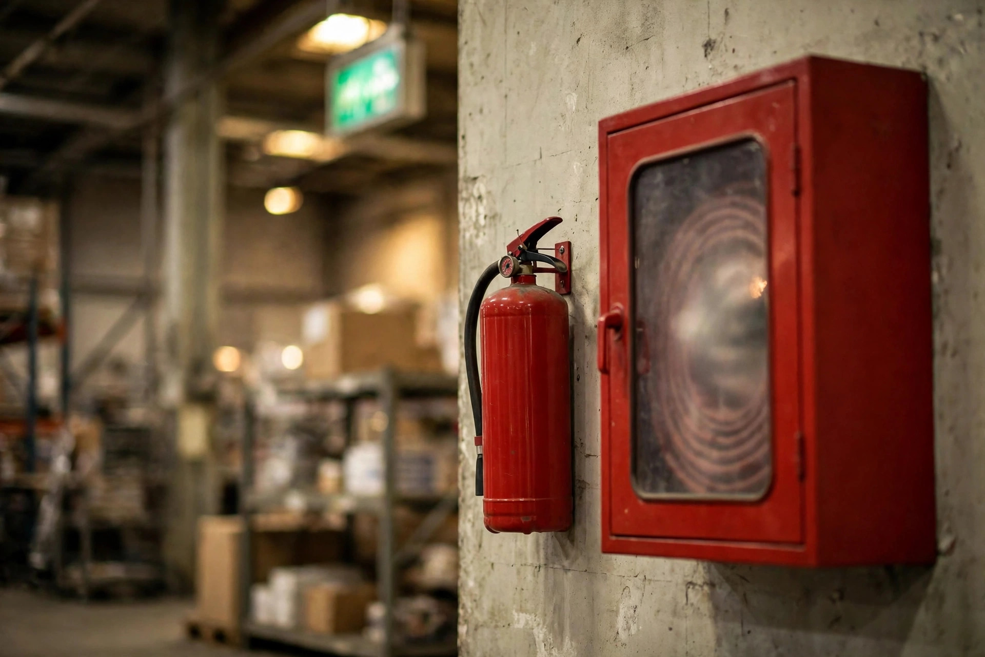 Fire extinguishers and fire equipment on a warehouse wall