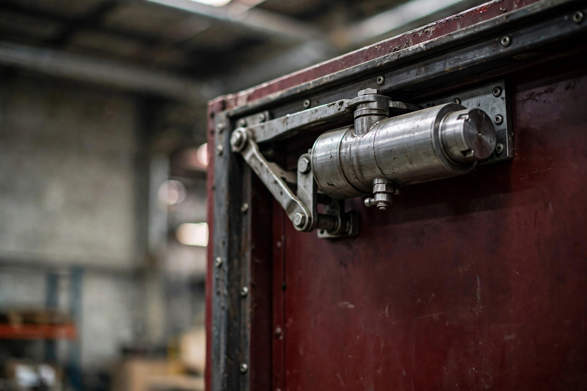 Close-up of a door closer on a steel fire door