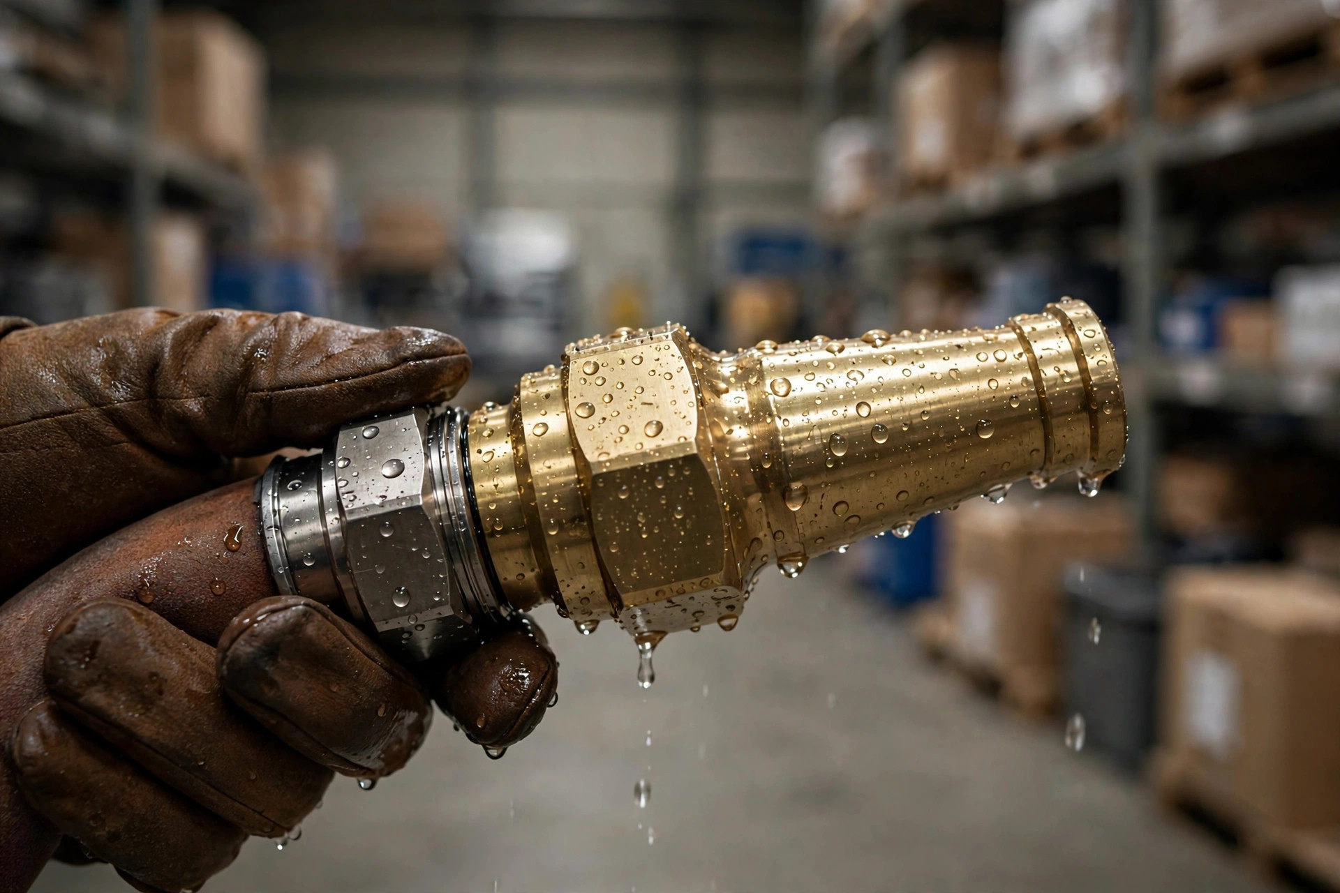 Close-up of a fire hose nozzle and brass coupling