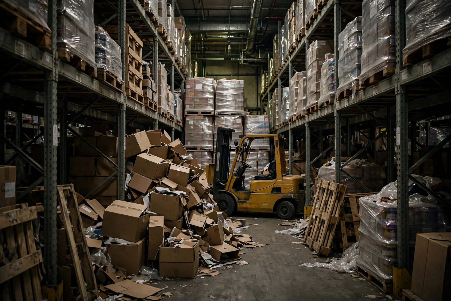 Warehouse aisle blocked by stacked pallets and cardboard boxes
