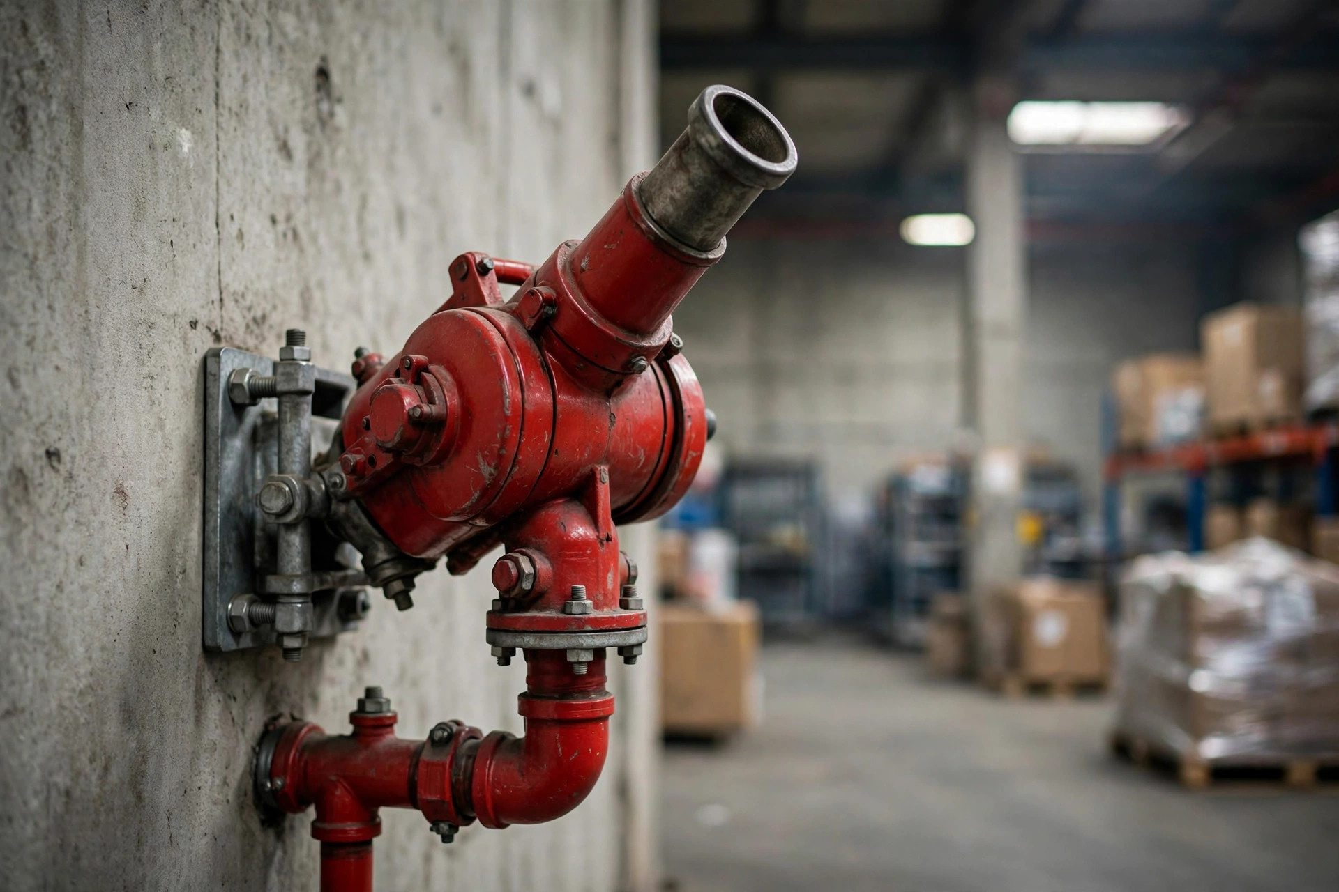 Close-up of a red fire monitor mounted on a warehouse wall