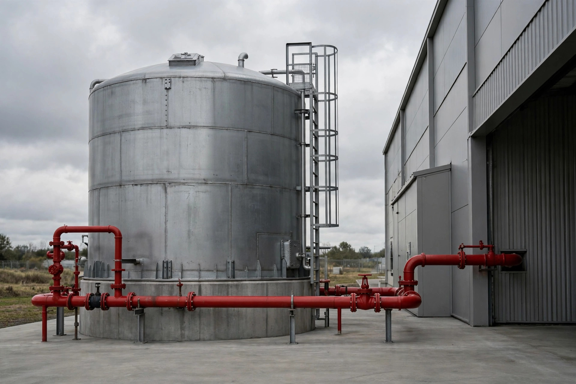 Fire pumps and red fire-protection piping inside a warehouse fire pump room