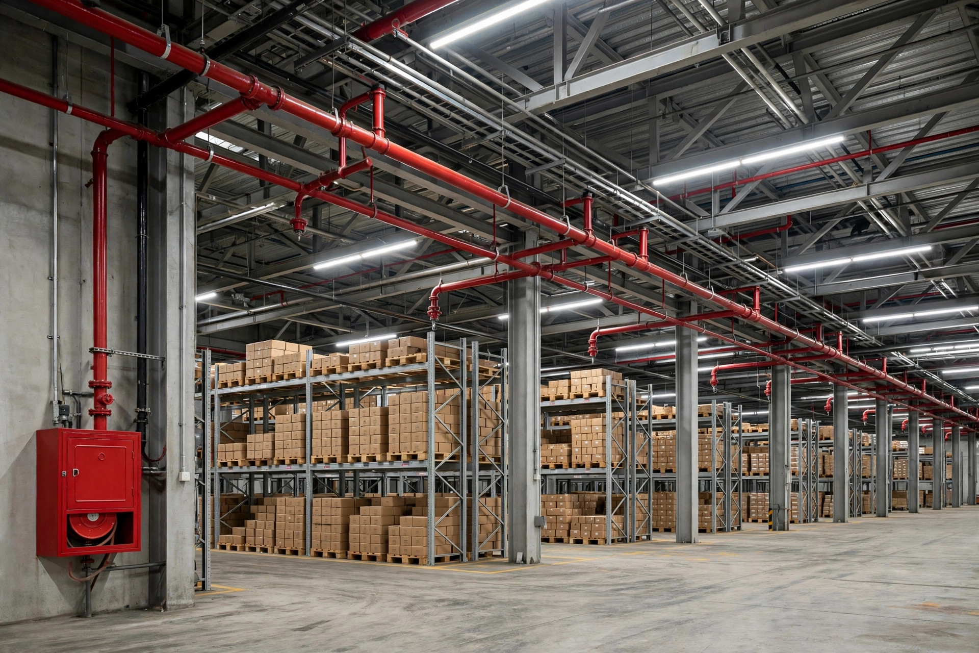 Fire sprinkler pipes and hydrant cabinet inside a warehouse